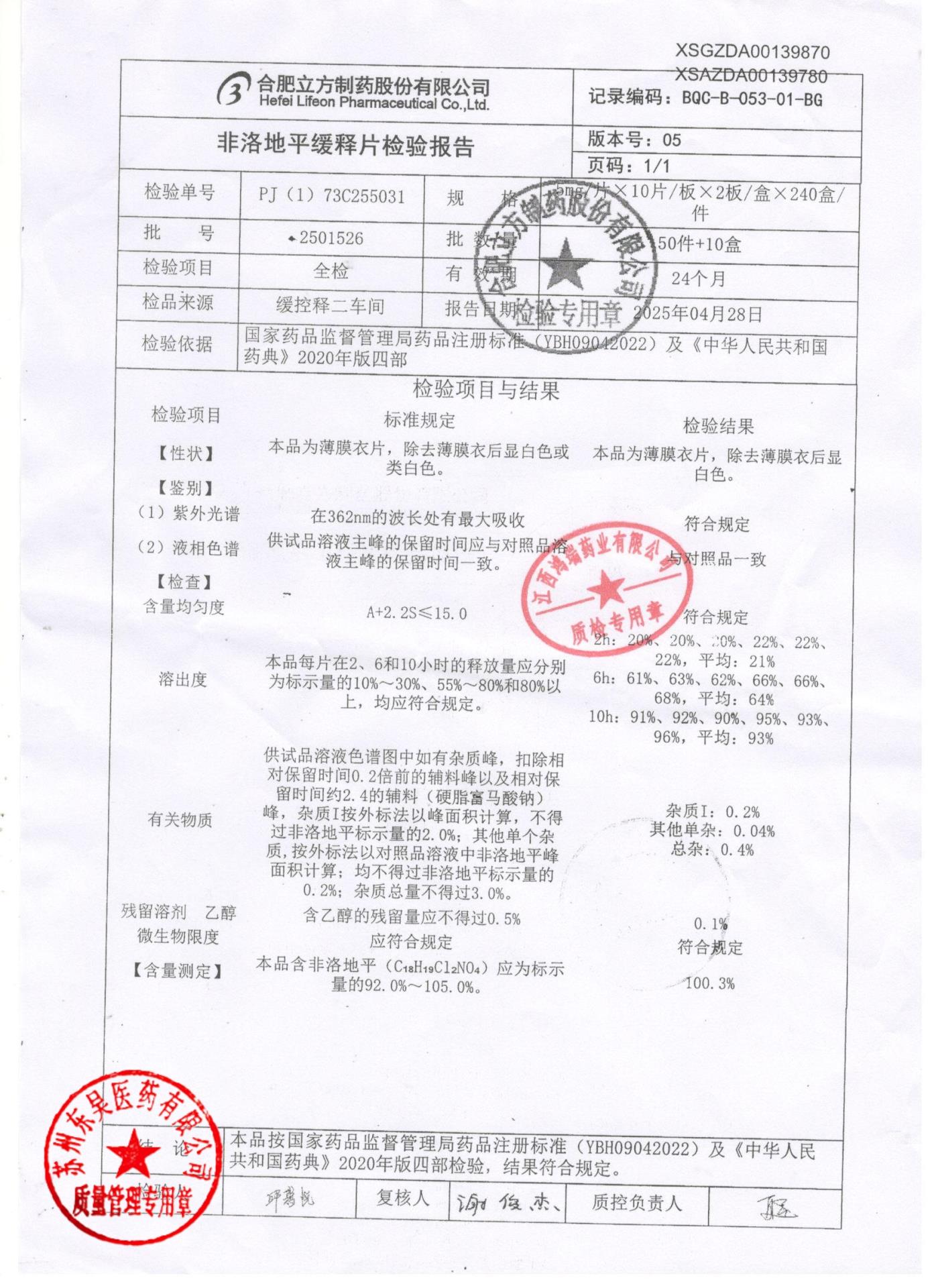 2501526非洛地平缓释片