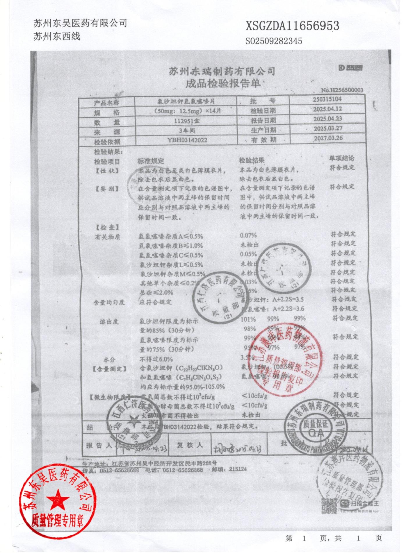 250315104氯沙坦钾氢氯噻嗪片