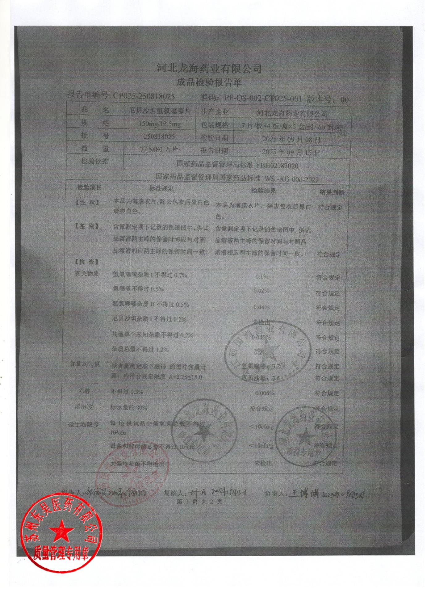 250818025厄贝沙坦氢氯噻嗪片1