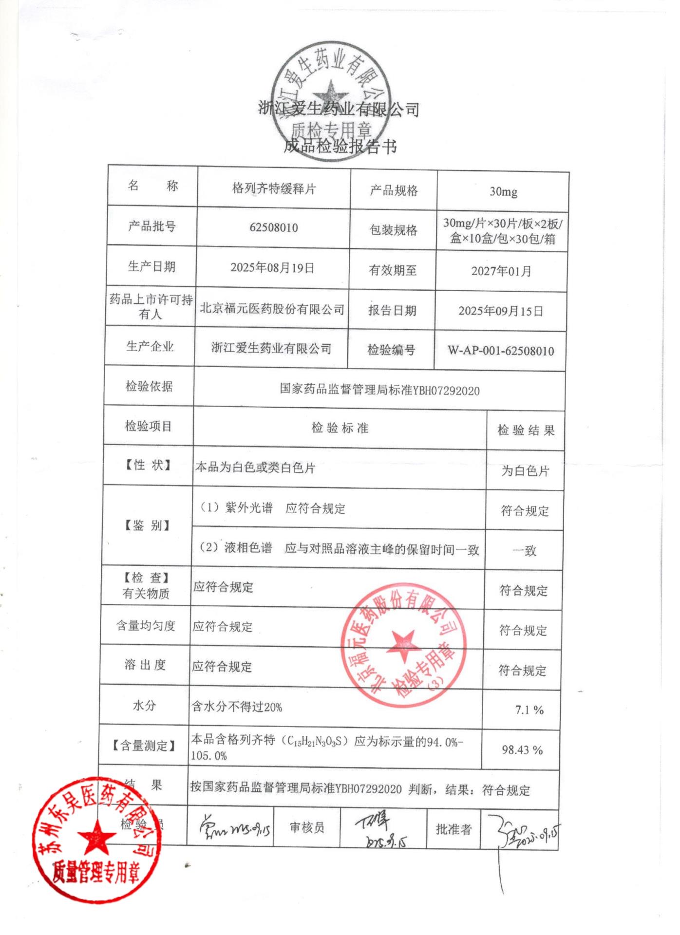 62508010格列齐特缓释片