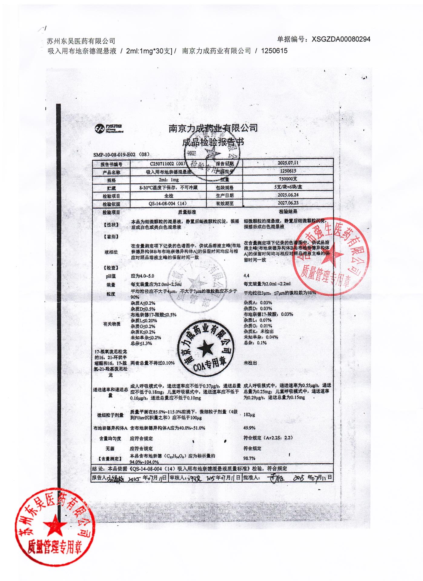 1250615吸入用布地奈德混悬液