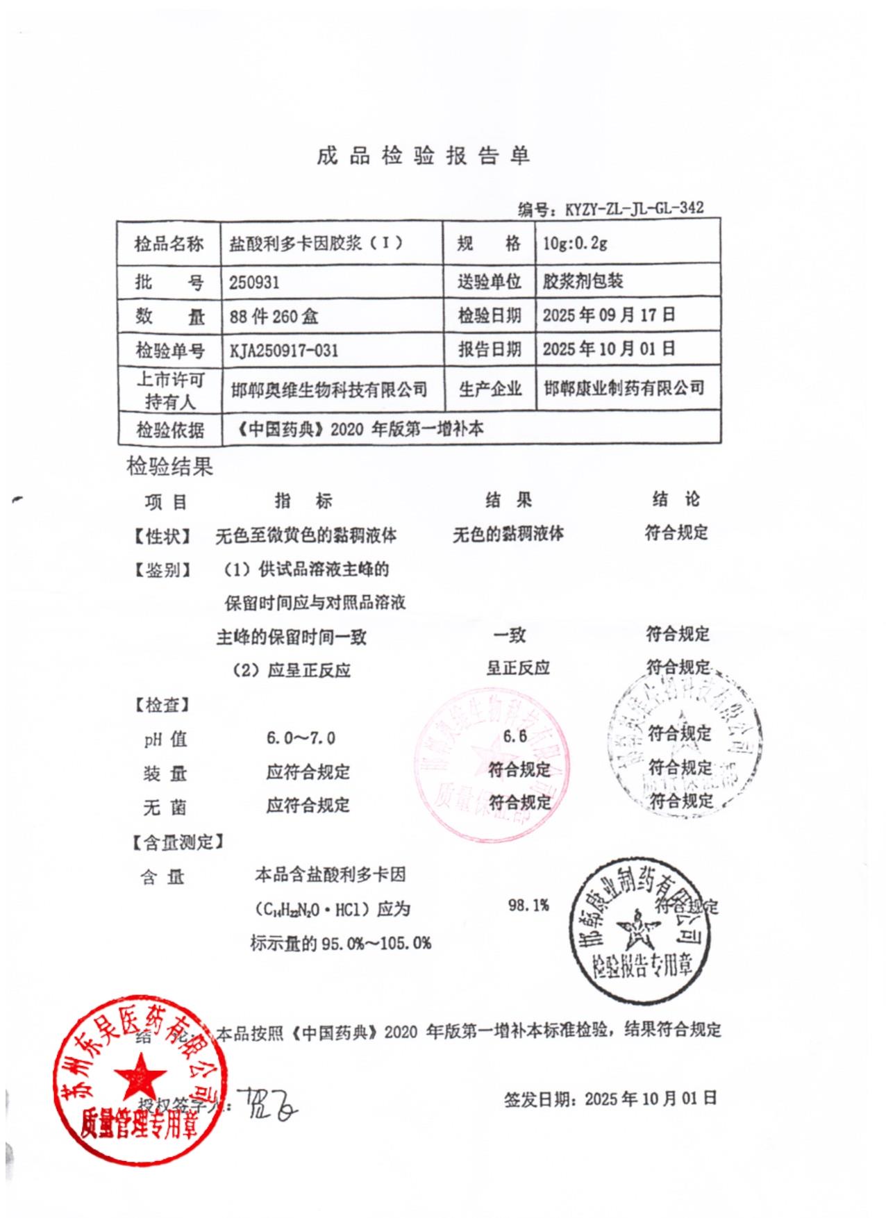 250931盐酸利多卡因胶浆（I）
