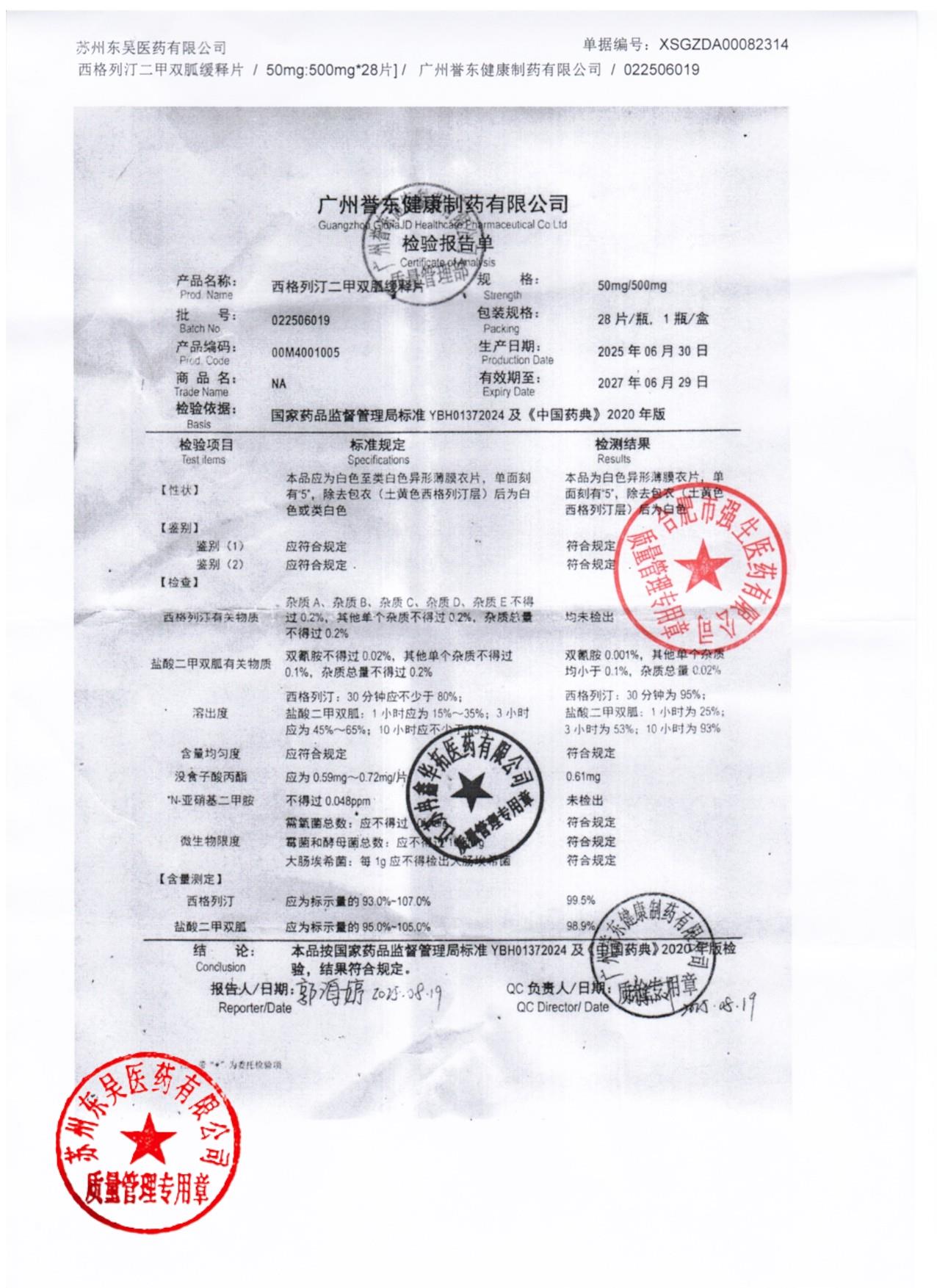 022506019西格列汀二甲双胍缓释片