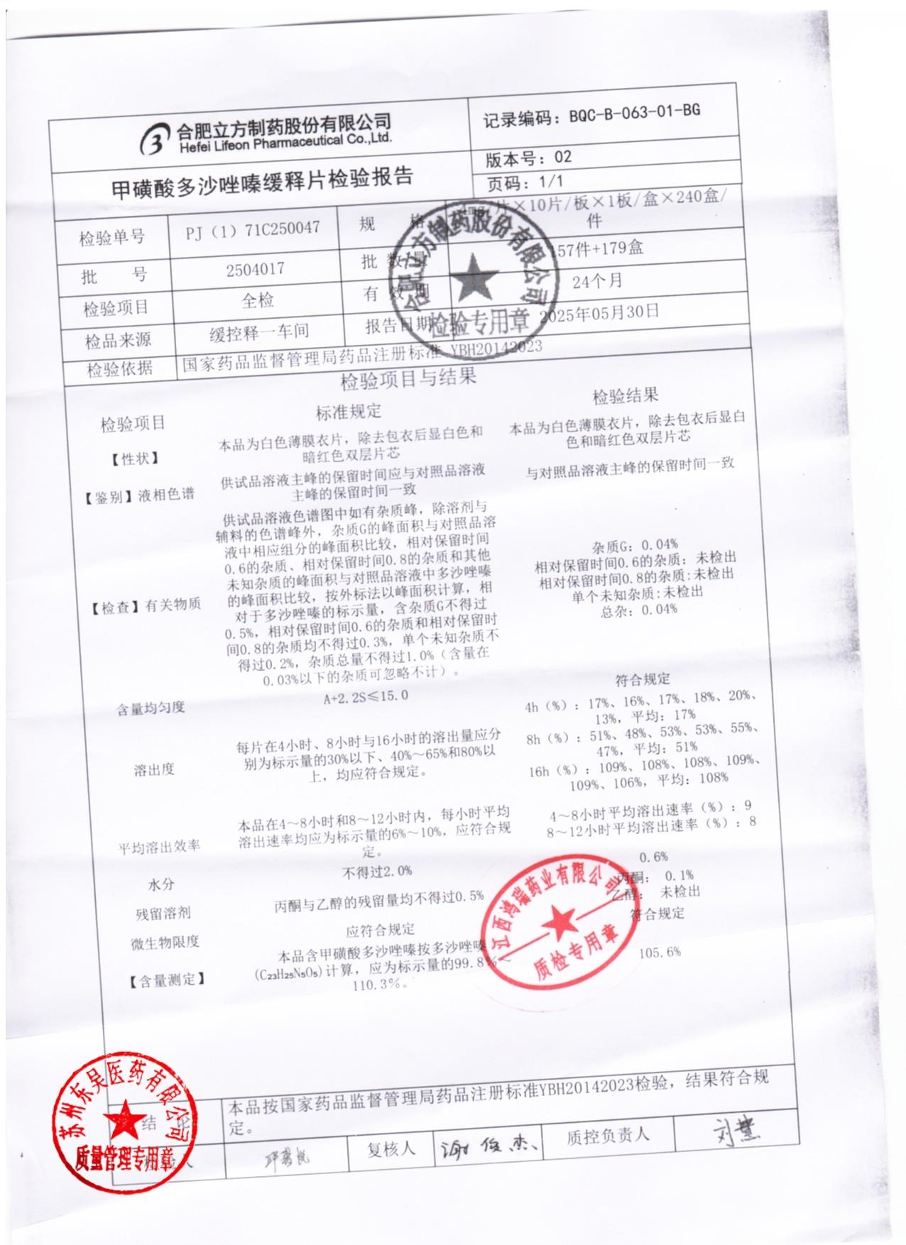 2504017甲磺酸多沙唑嗪缓释片