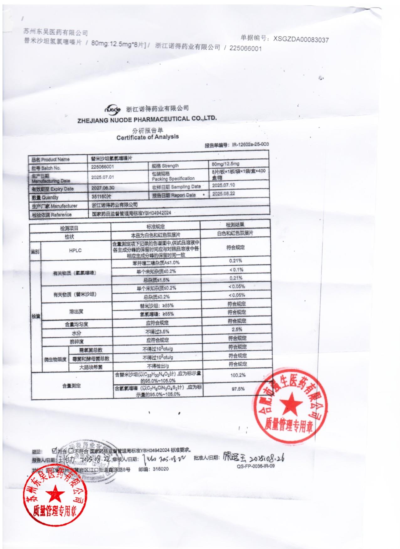 225066001替米沙坦氢氯噻嗪片
