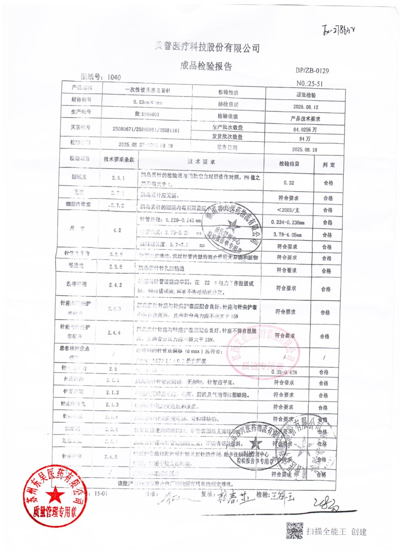 批2508001一次性使用胰岛素针