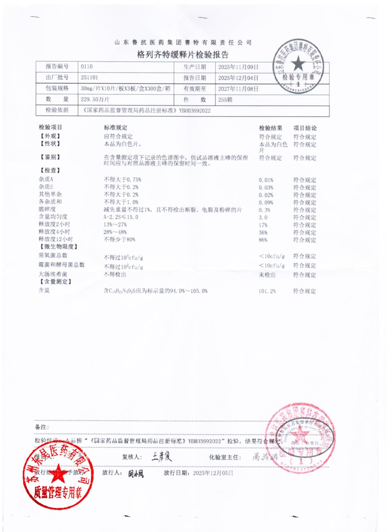 251101格列齐特缓释片