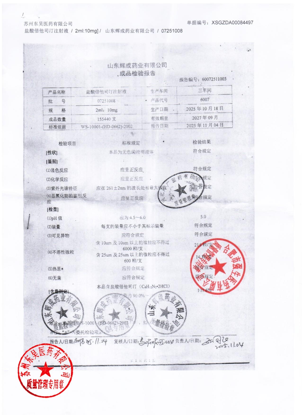 07251008盐酸倍他司汀注射液