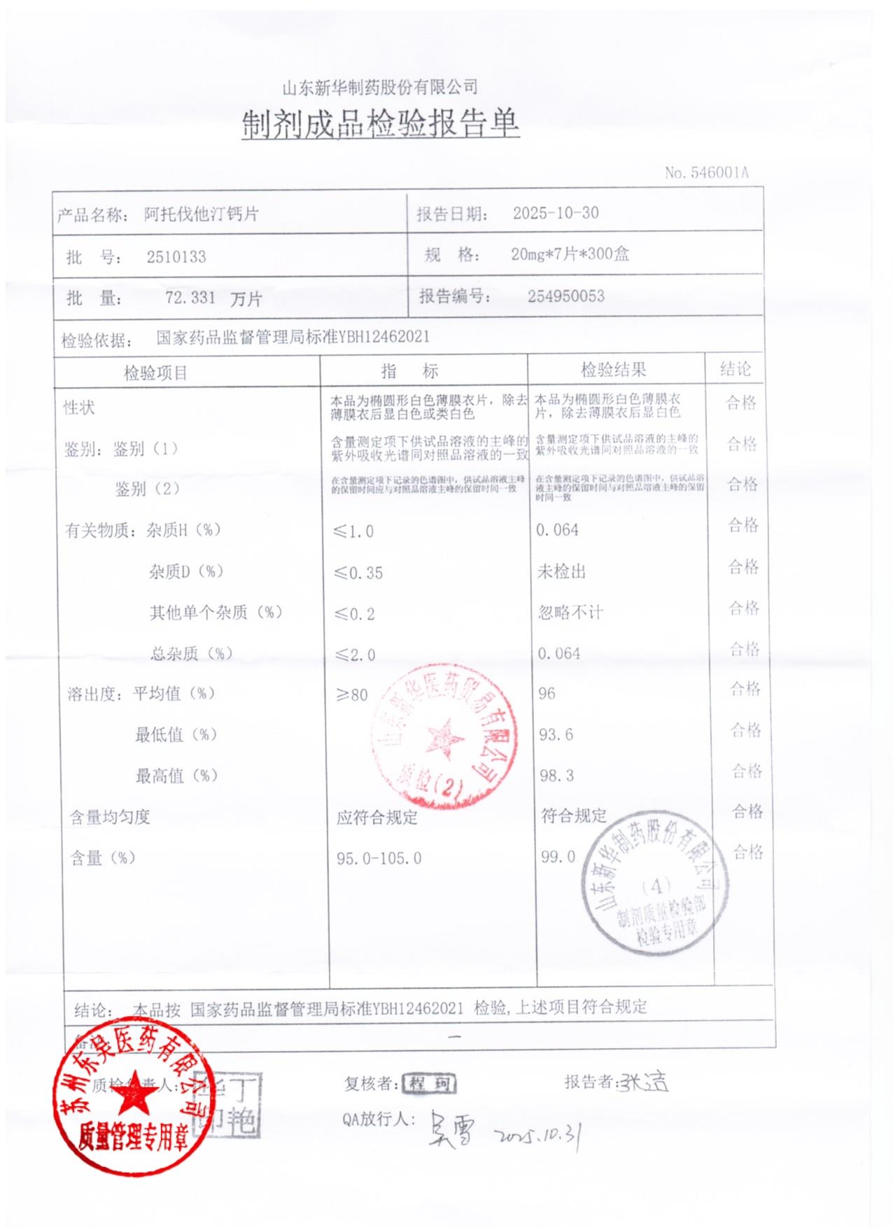 2510133阿托伐他汀钙片