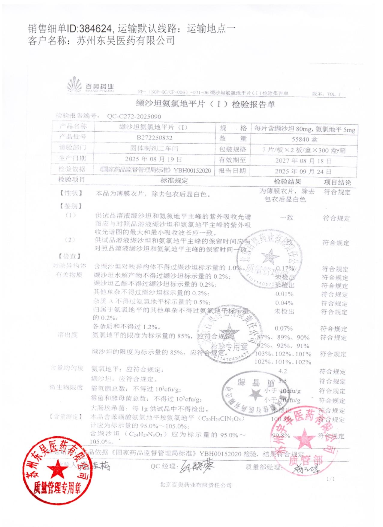 B272250832缬沙坦氨氯地平片