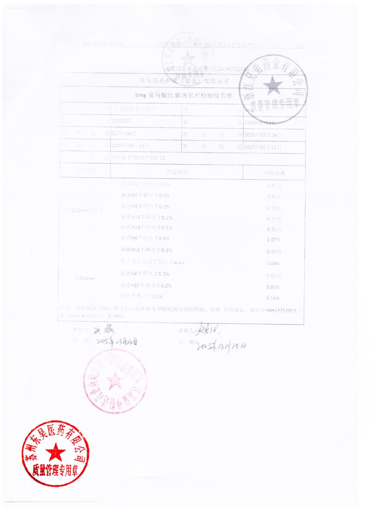 2502080富马酸比索洛尔片2