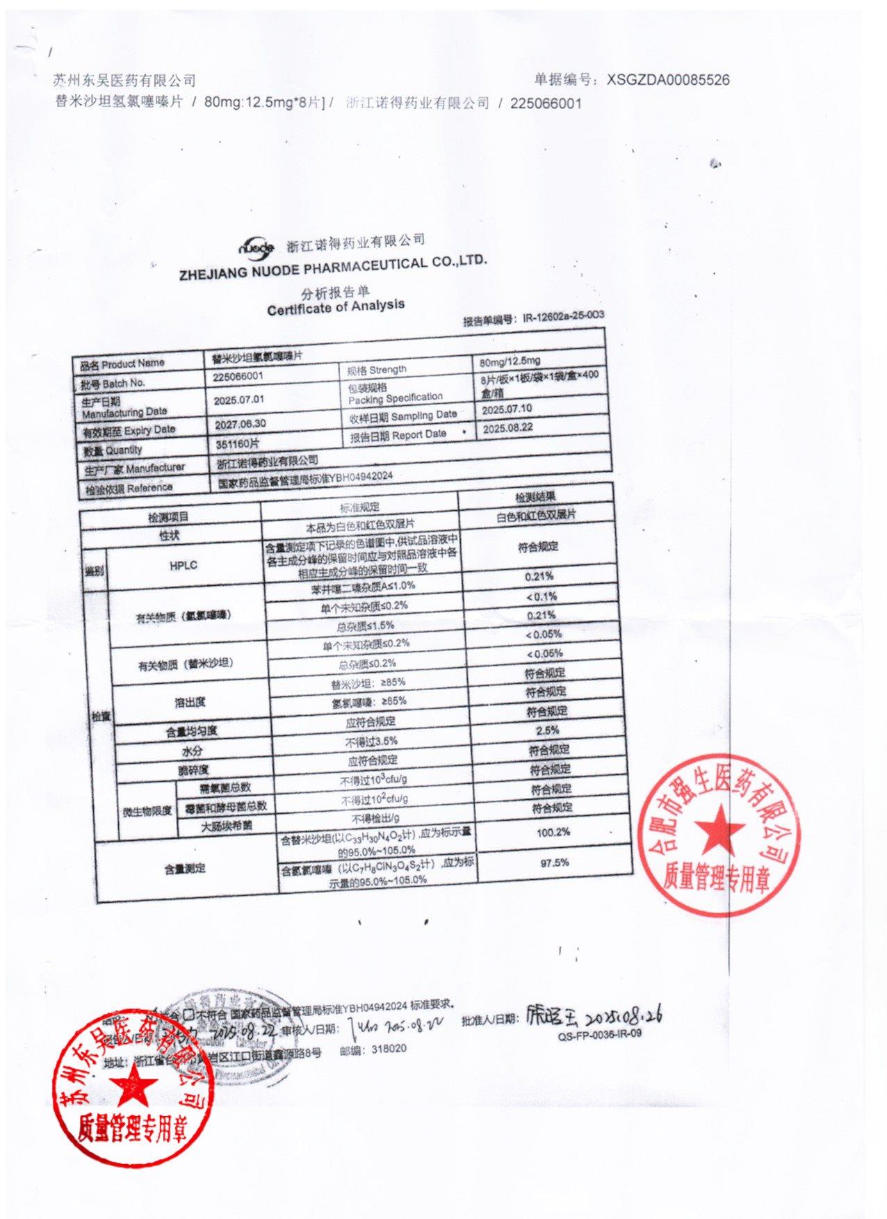 225066001替米沙坦氢氯噻嗪片