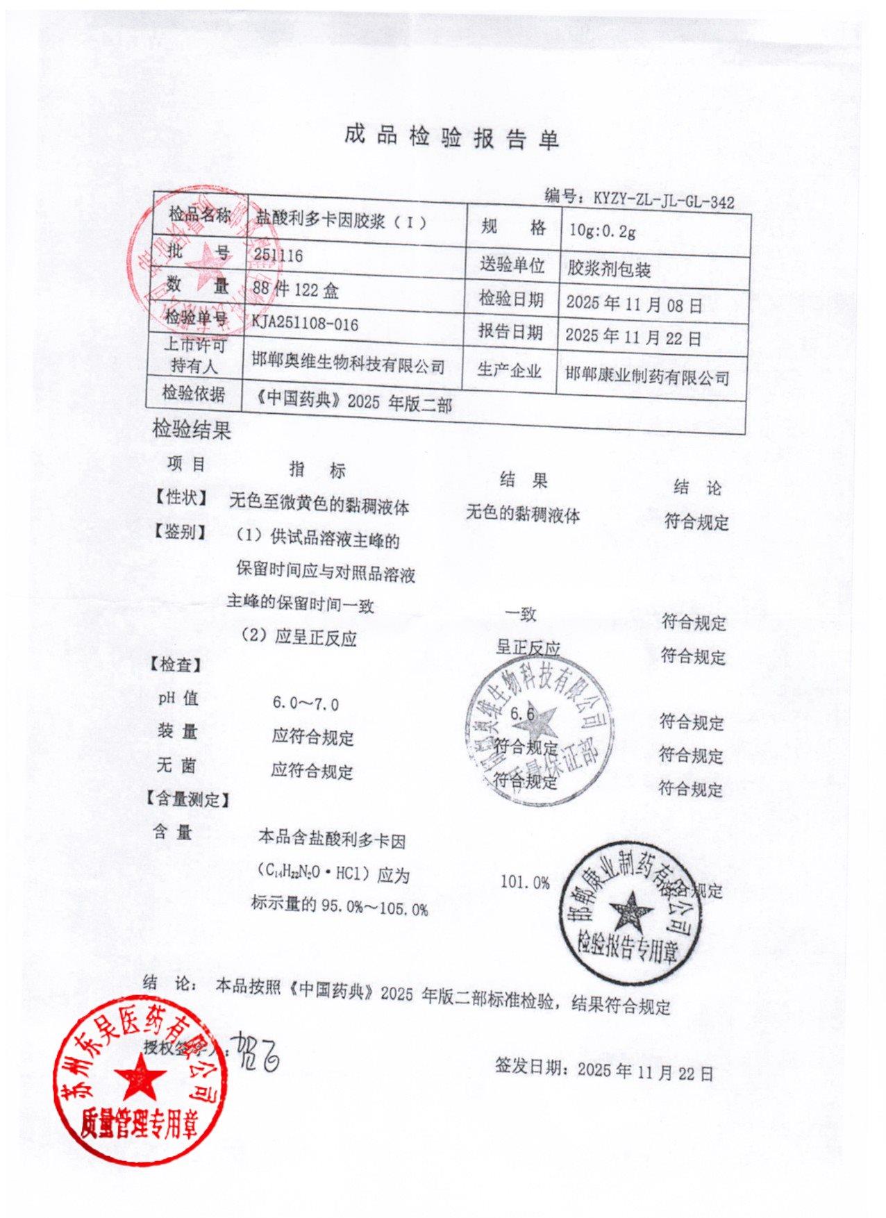 251116盐酸利多卡因胶浆