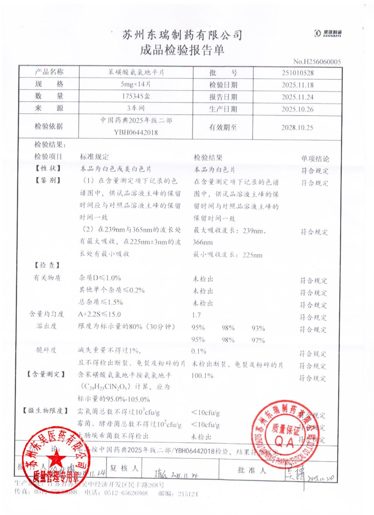 251010528苯磺酸氨氯地平片