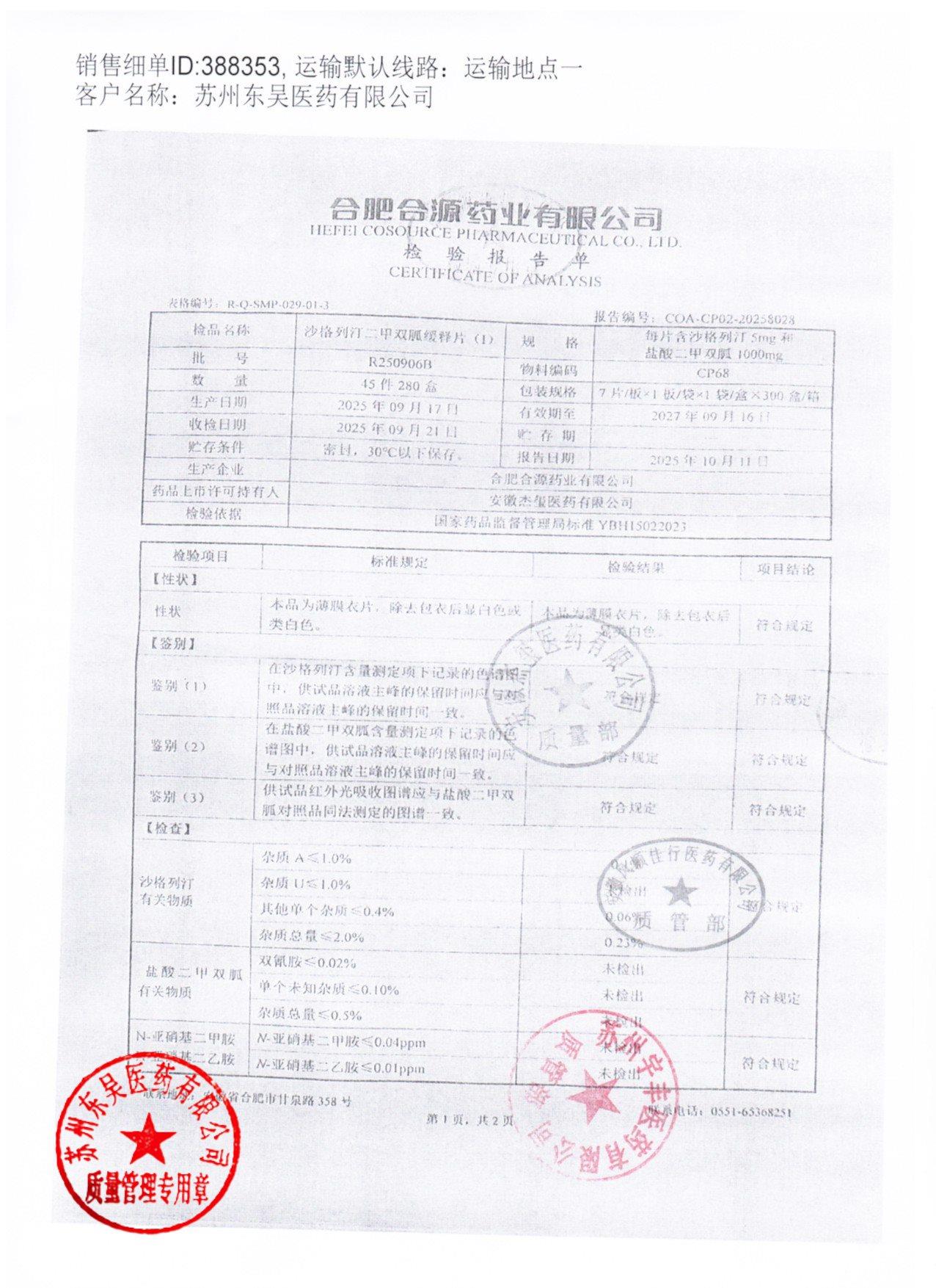 R250906B沙格列汀二甲双胍缓释片2