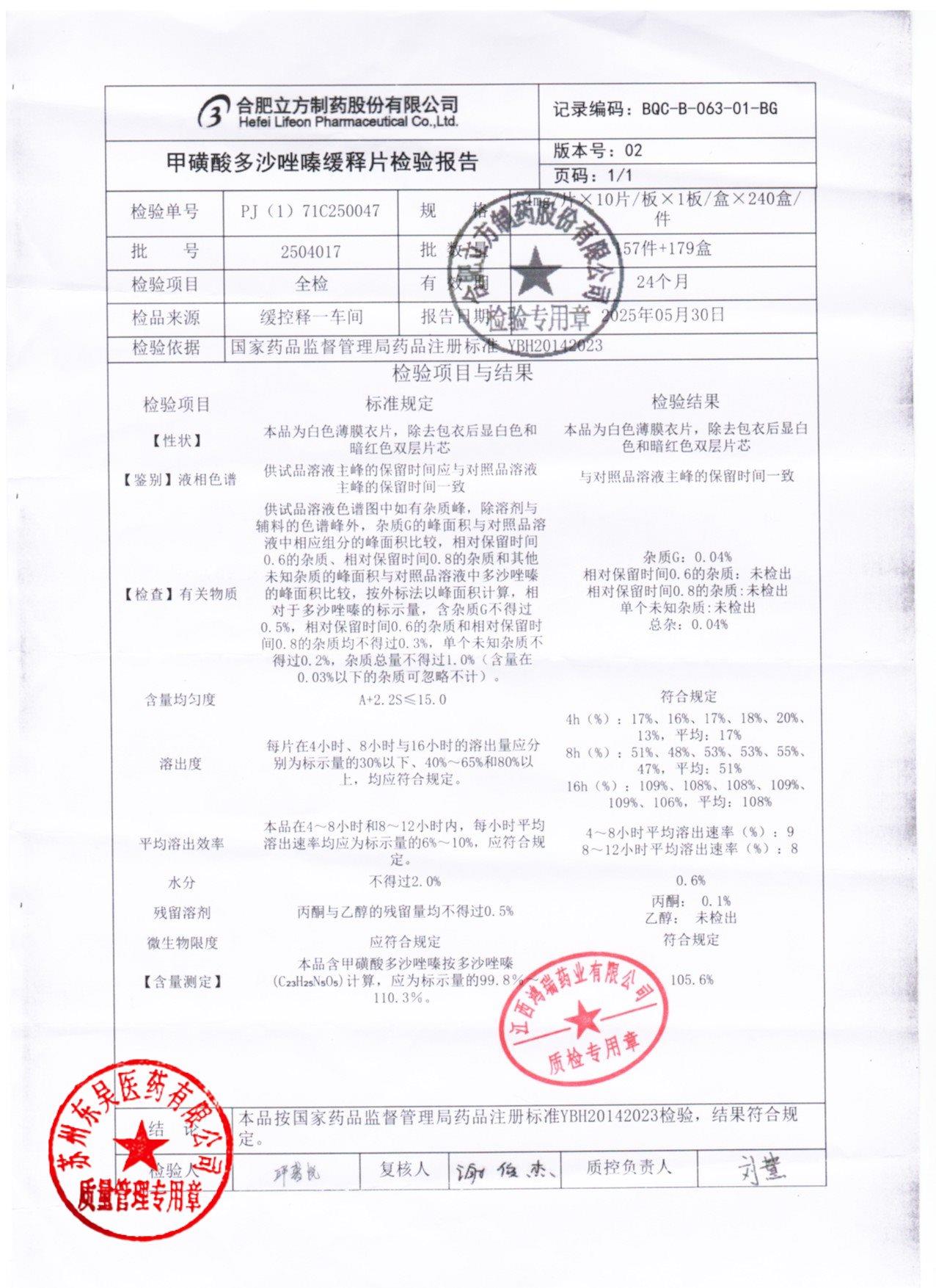 2504017甲磺酸多沙唑嗪缓释片