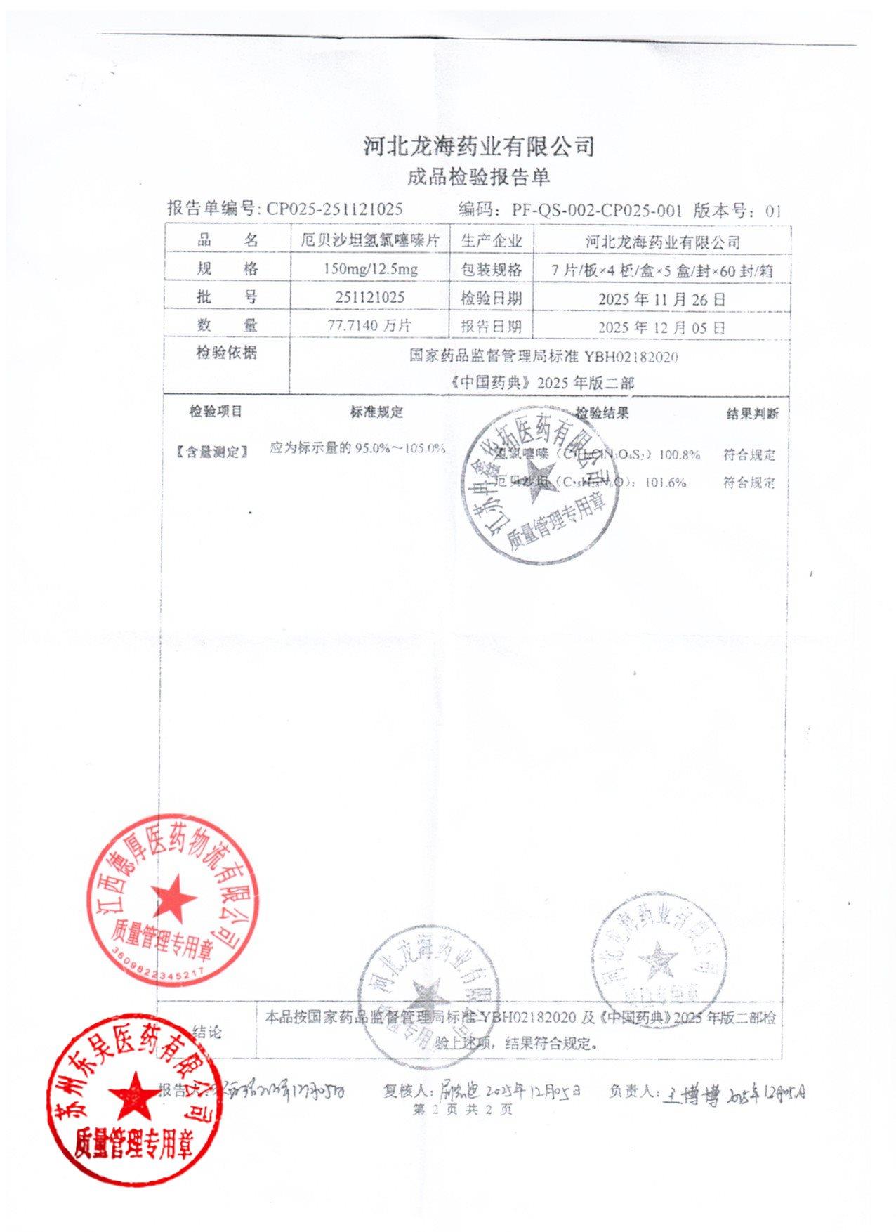 251121025厄贝沙坦氢氯噻嗪片2