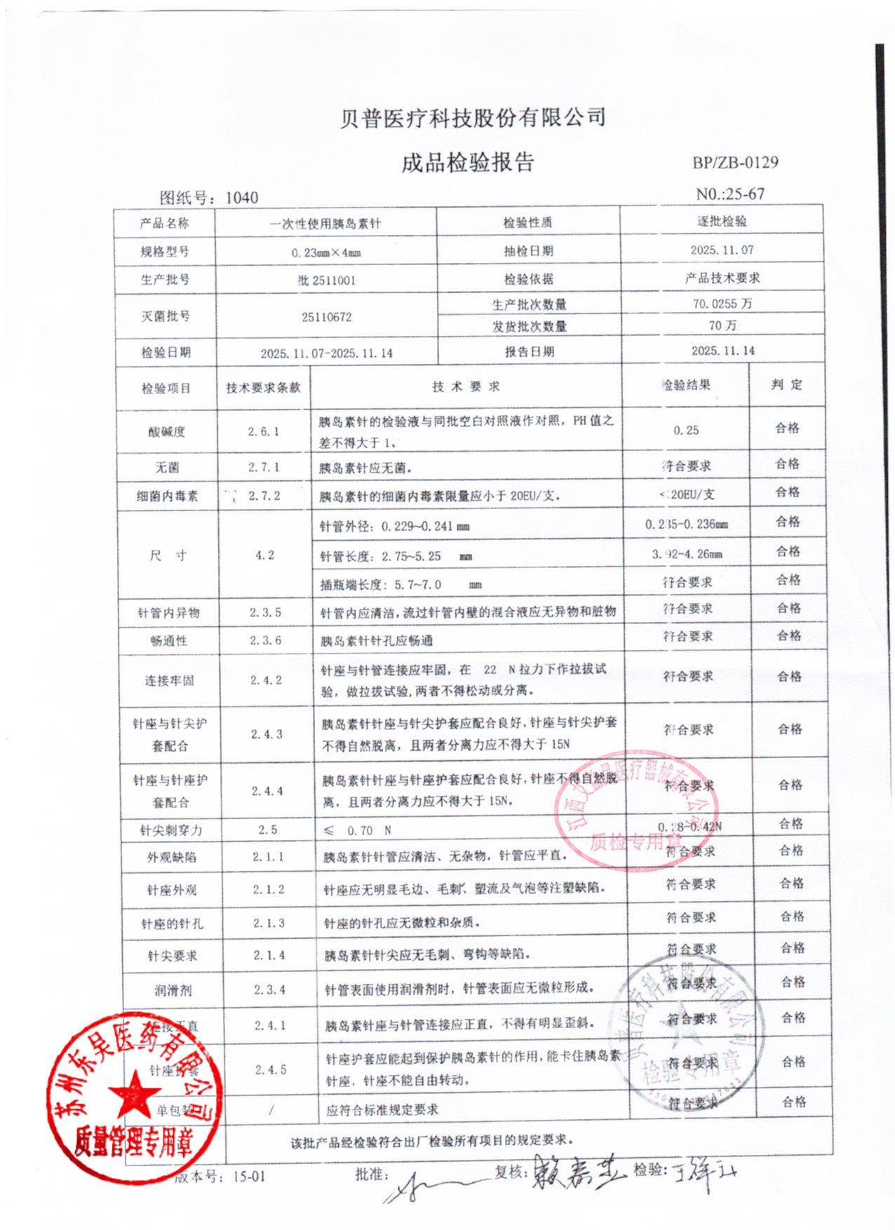 批2511001一次性使用胰岛素针