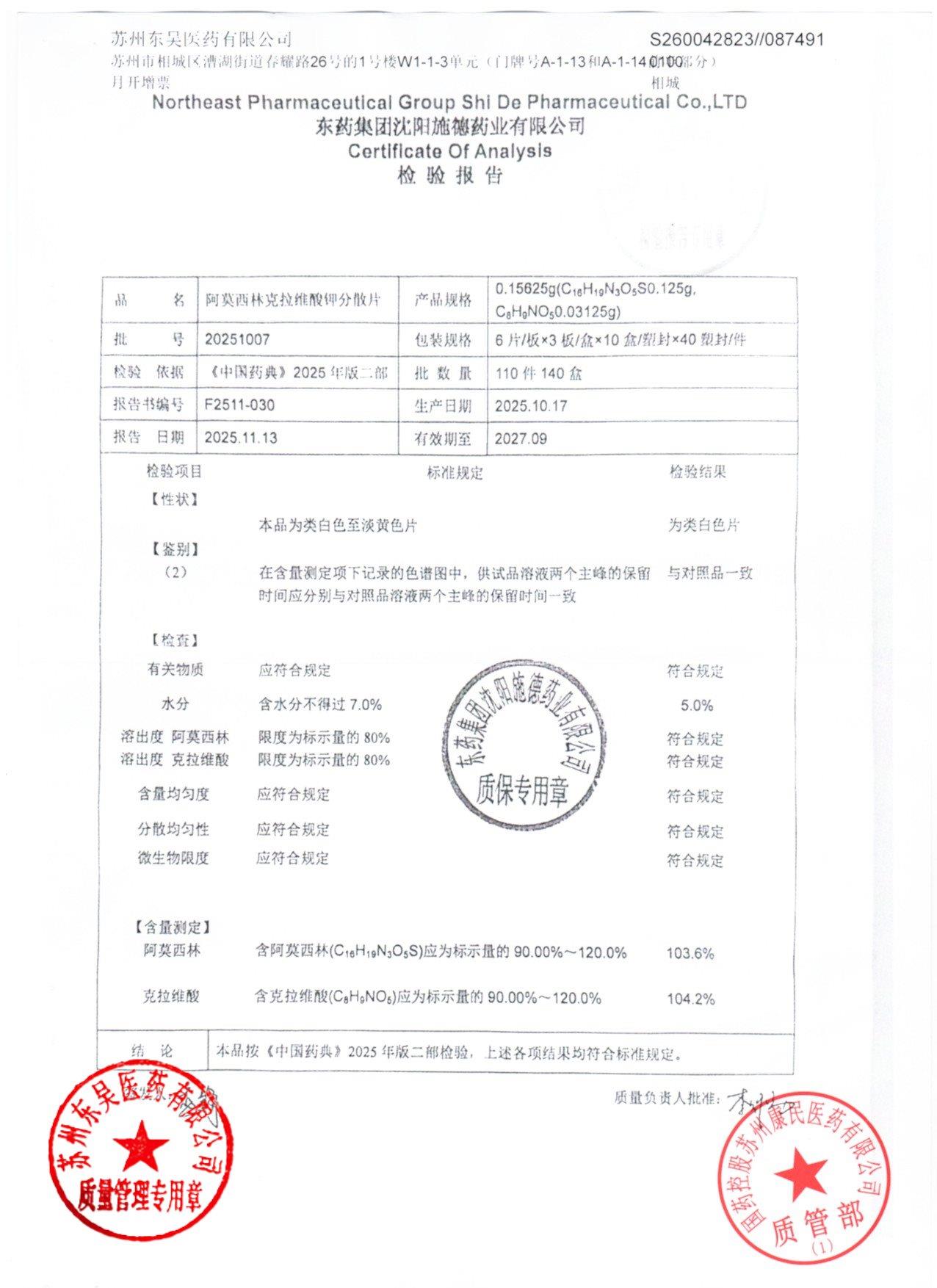 20251007阿莫西林克拉维酸钾分散片