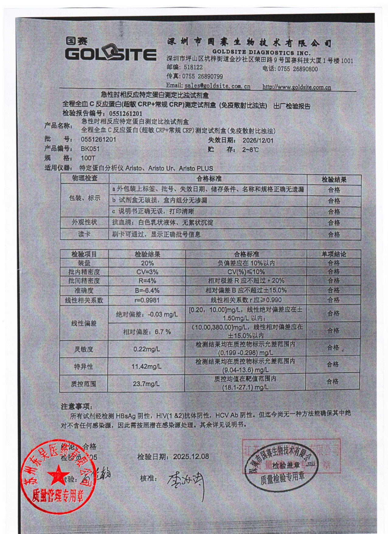 0551261201全程全血C反应蛋白