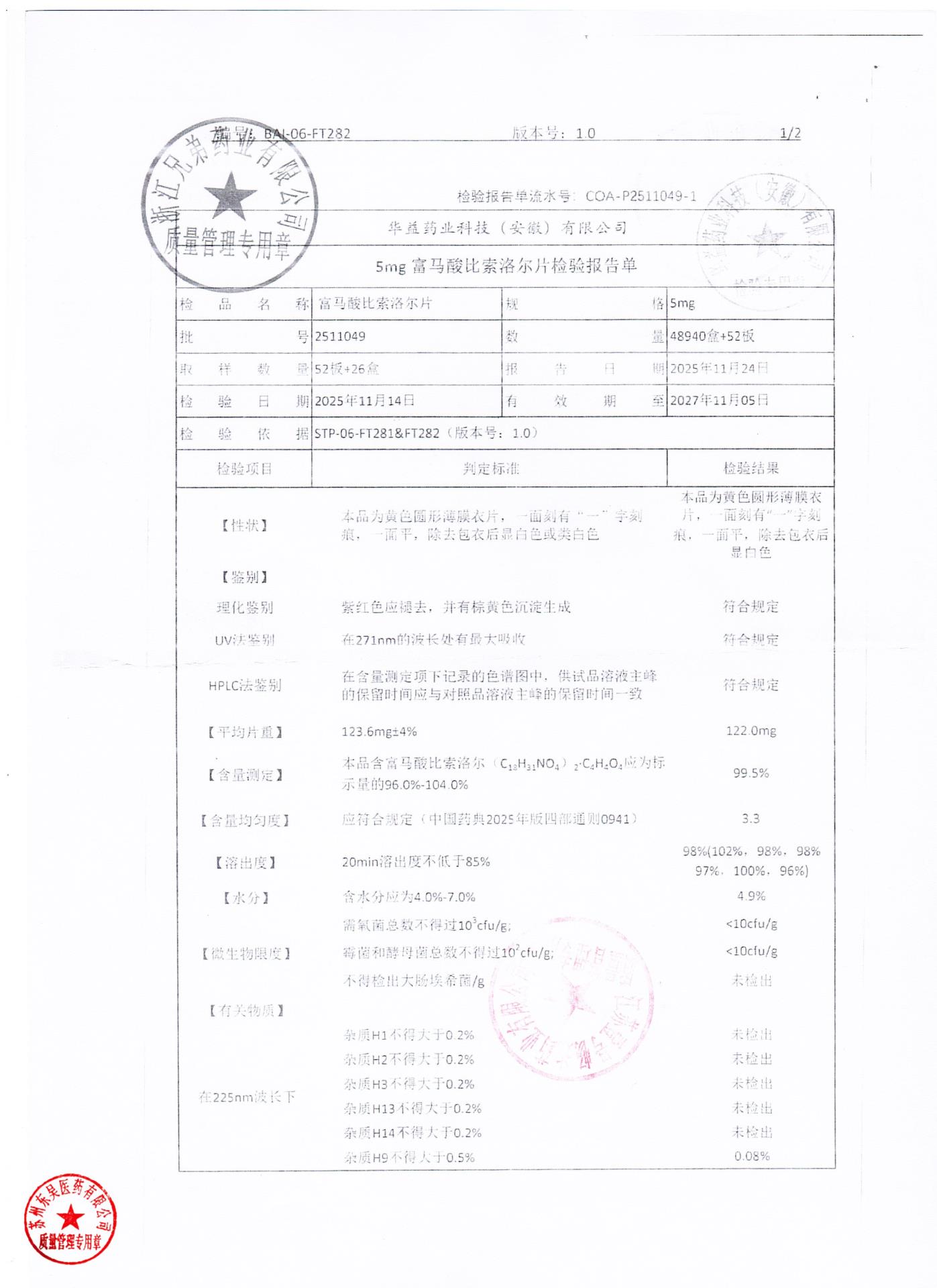 2511049富马酸比索洛尔片2