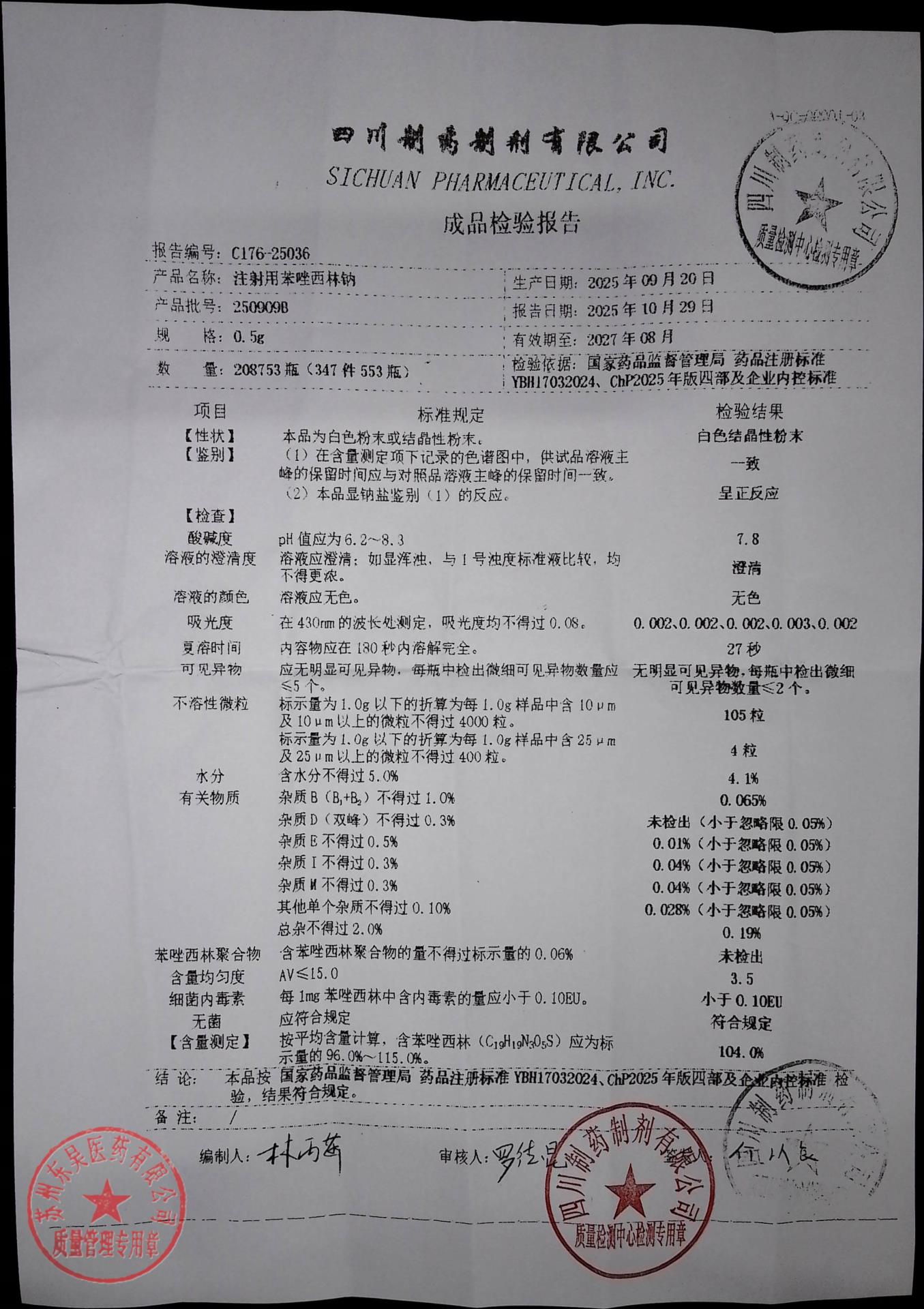 250909B注射用苯唑西林钠