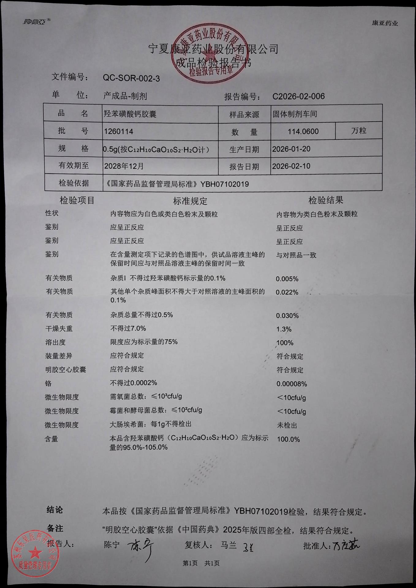 1260114羟苯磺酸钙胶囊