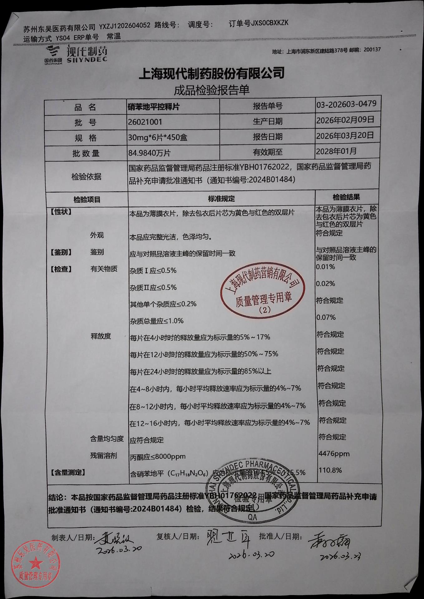 26021001硝苯地平控释片
