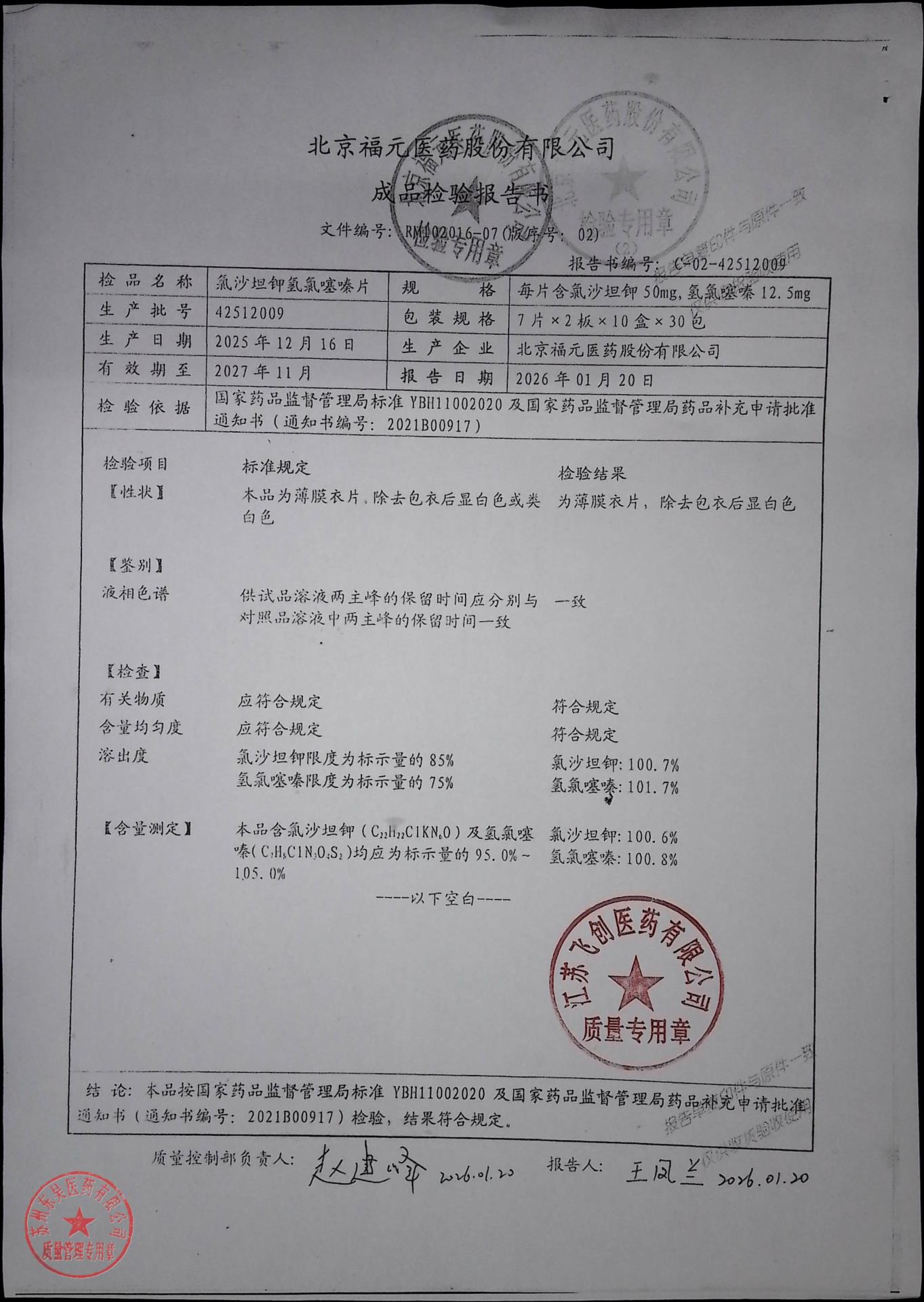 42512009氯沙坦钾氢氯噻嗪片