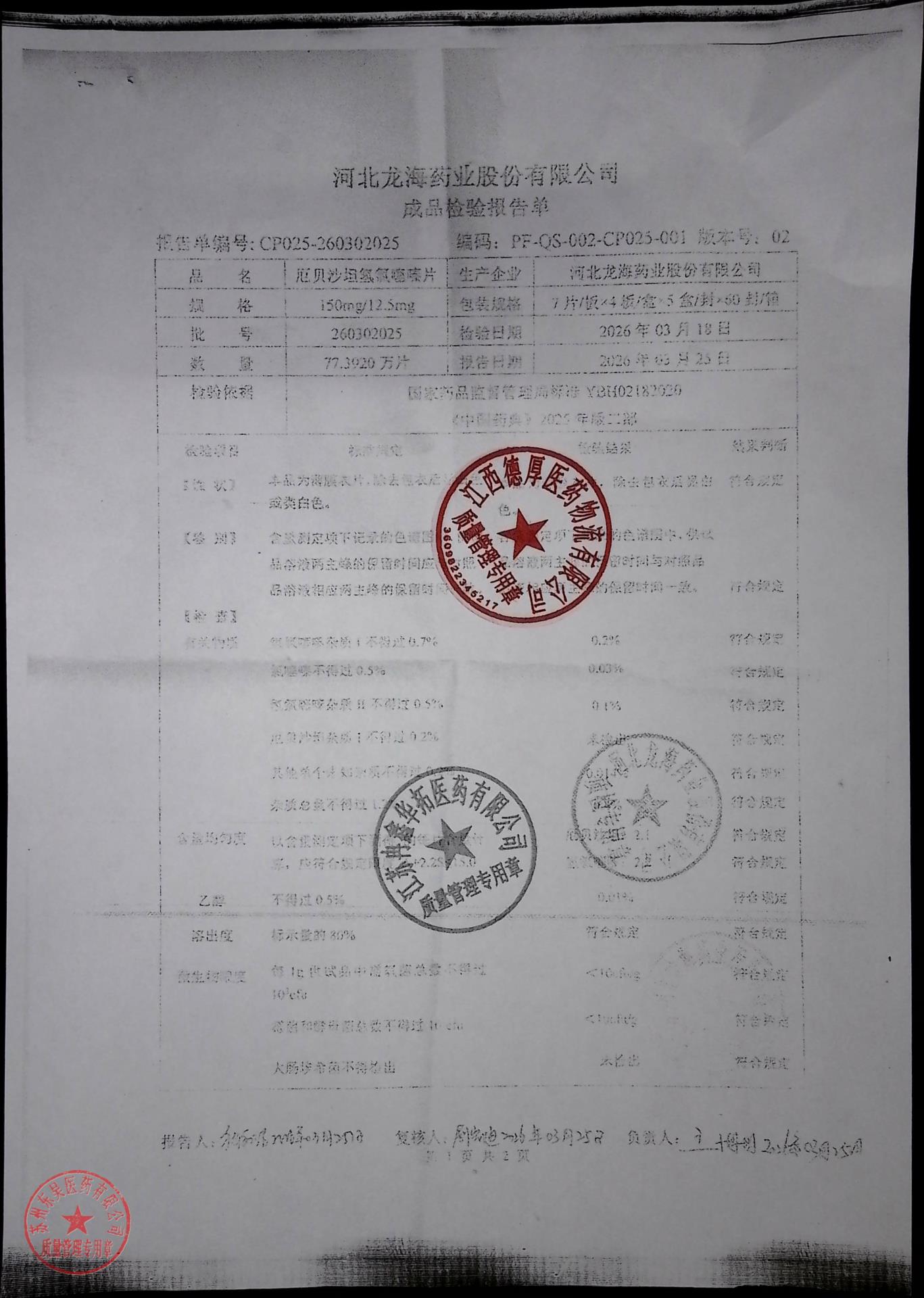 260302025厄贝沙坦氢氯噻嗪片1