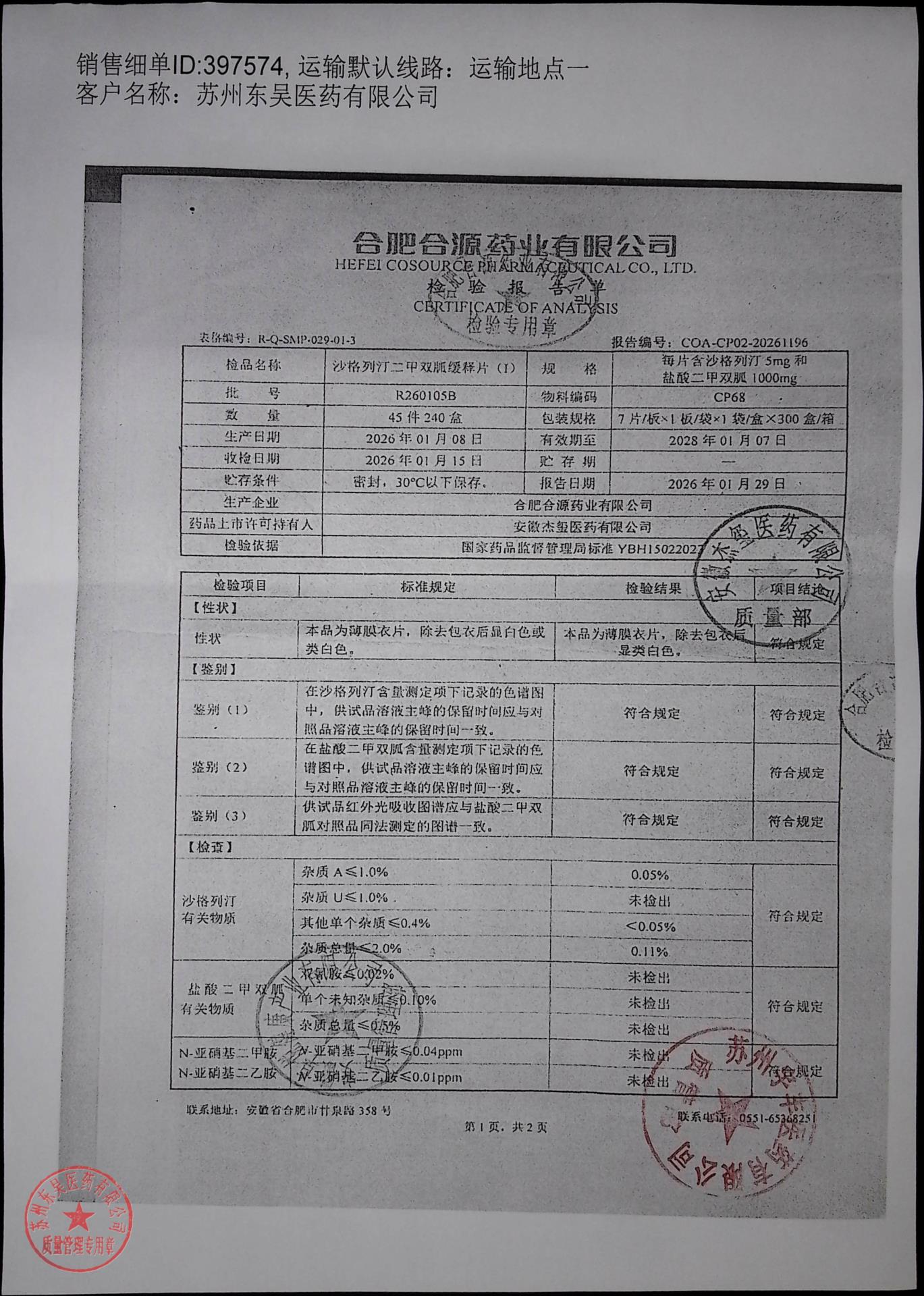 R260105B沙格列汀二甲双胍缓释片（I）1