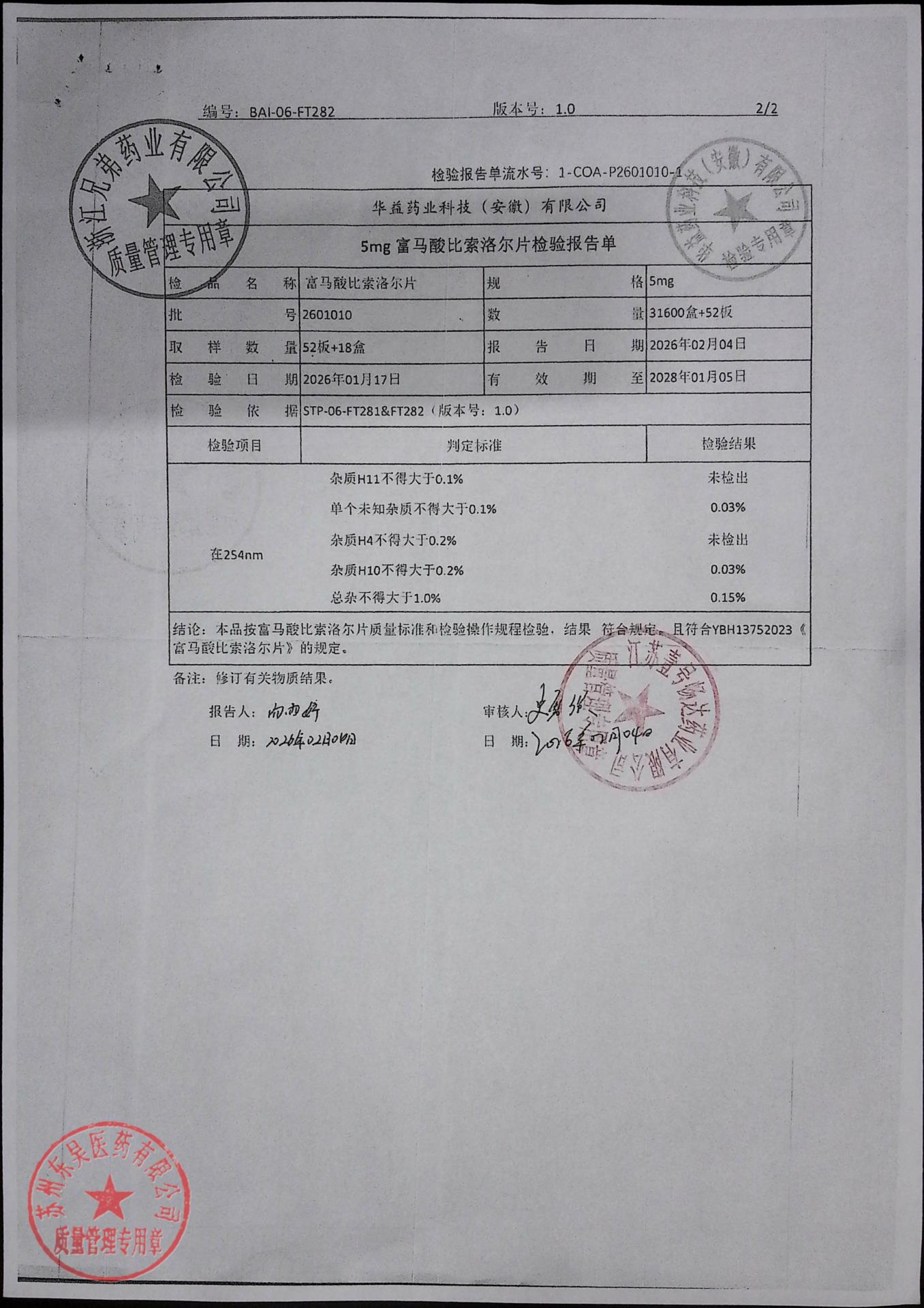 2601010富马酸比索洛尔片2