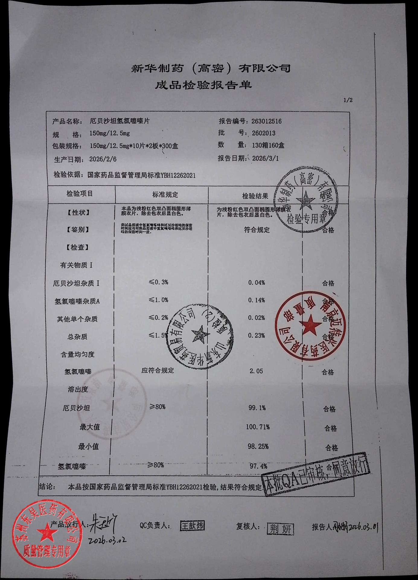 2602013厄贝沙坦氢氯噻嗪片2