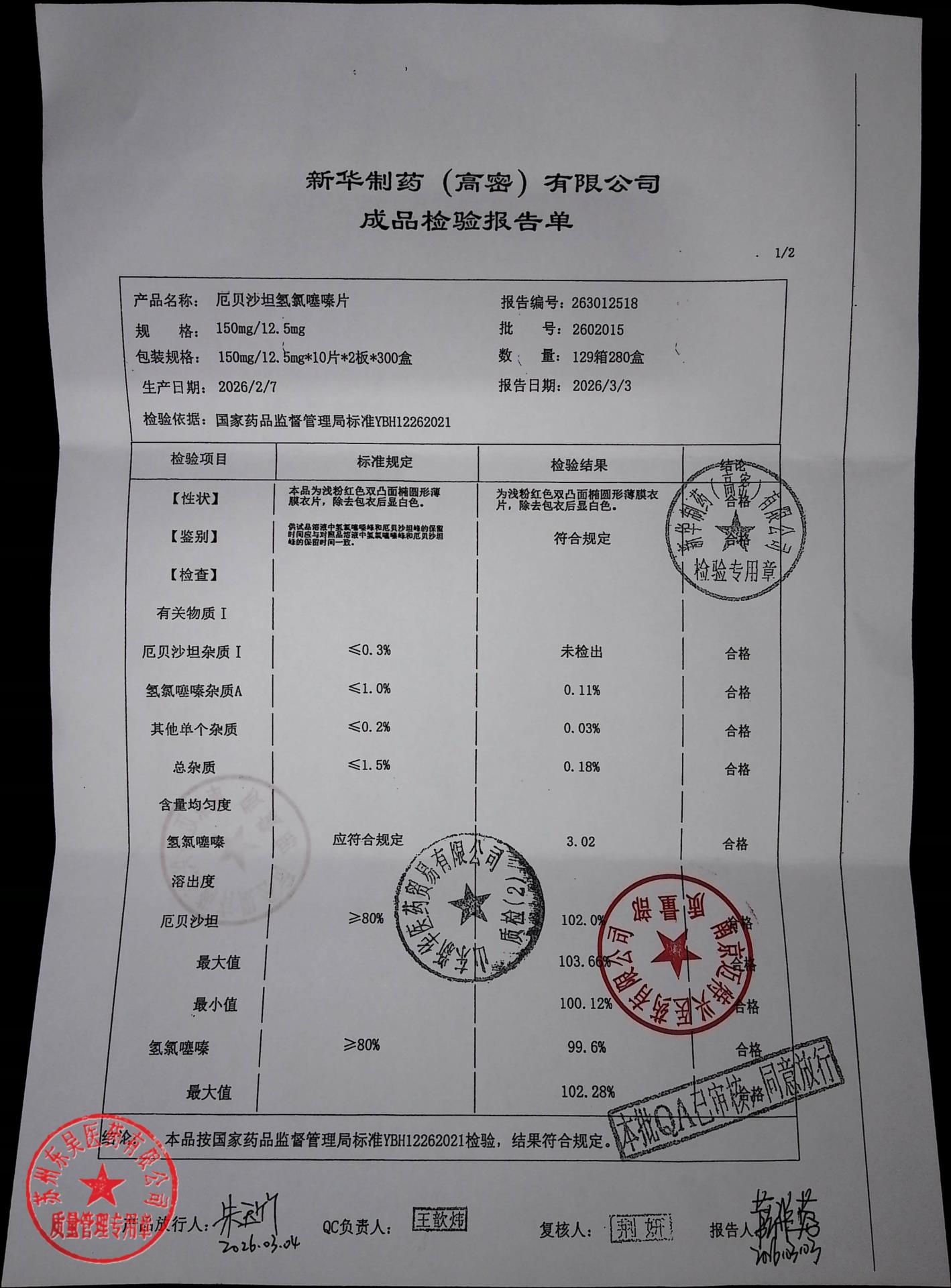 2602015厄贝沙坦氢氯噻嗪片2