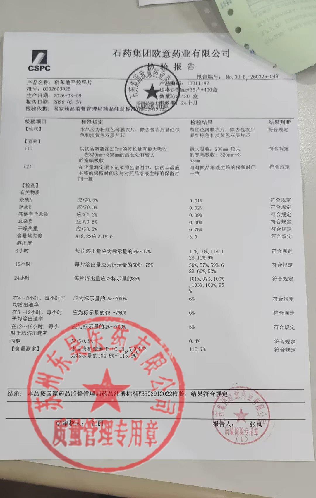 Q332603025硝苯地平控释片