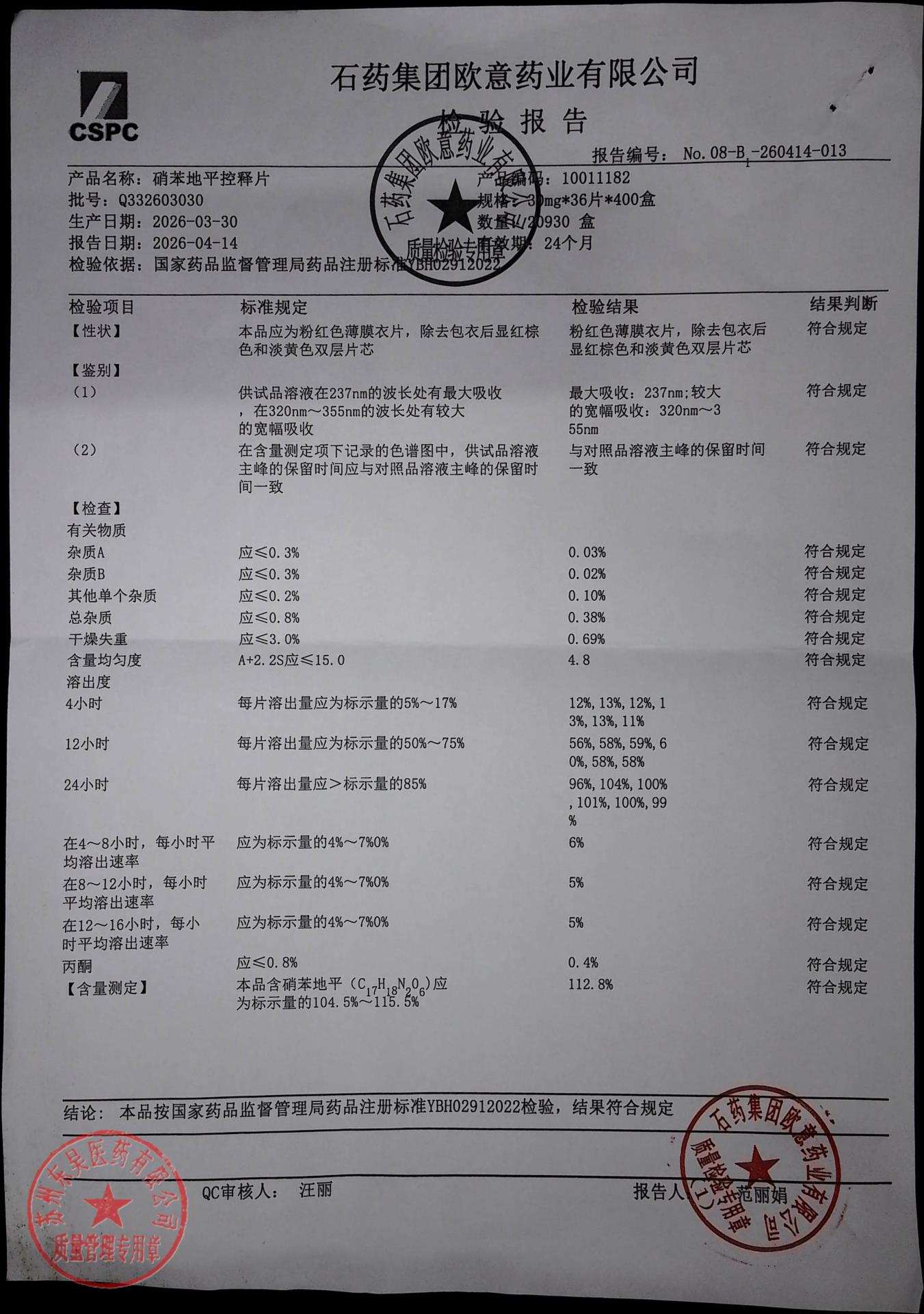Q332603030硝苯地平控释片