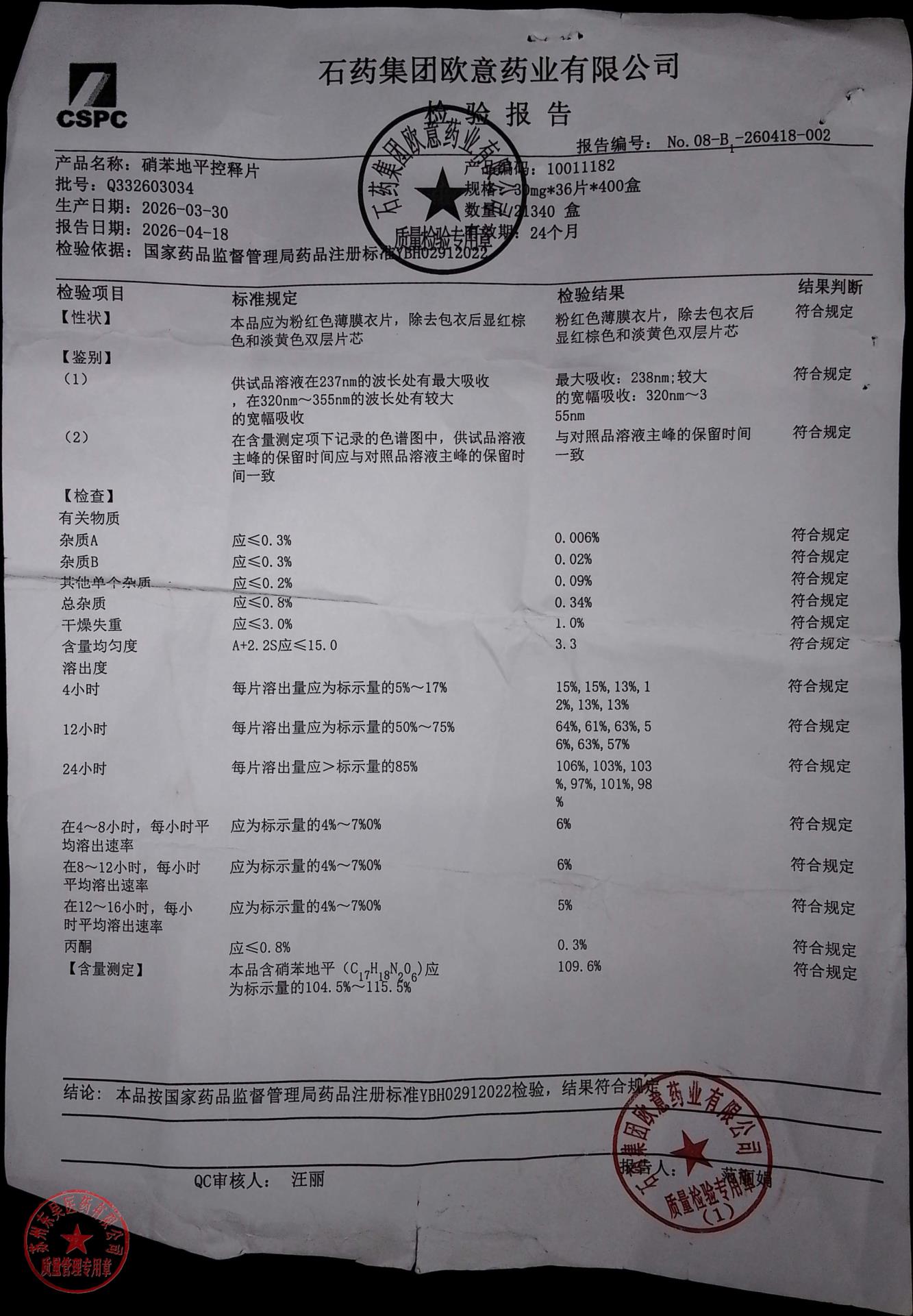 Q332603034硝苯地平控释片
