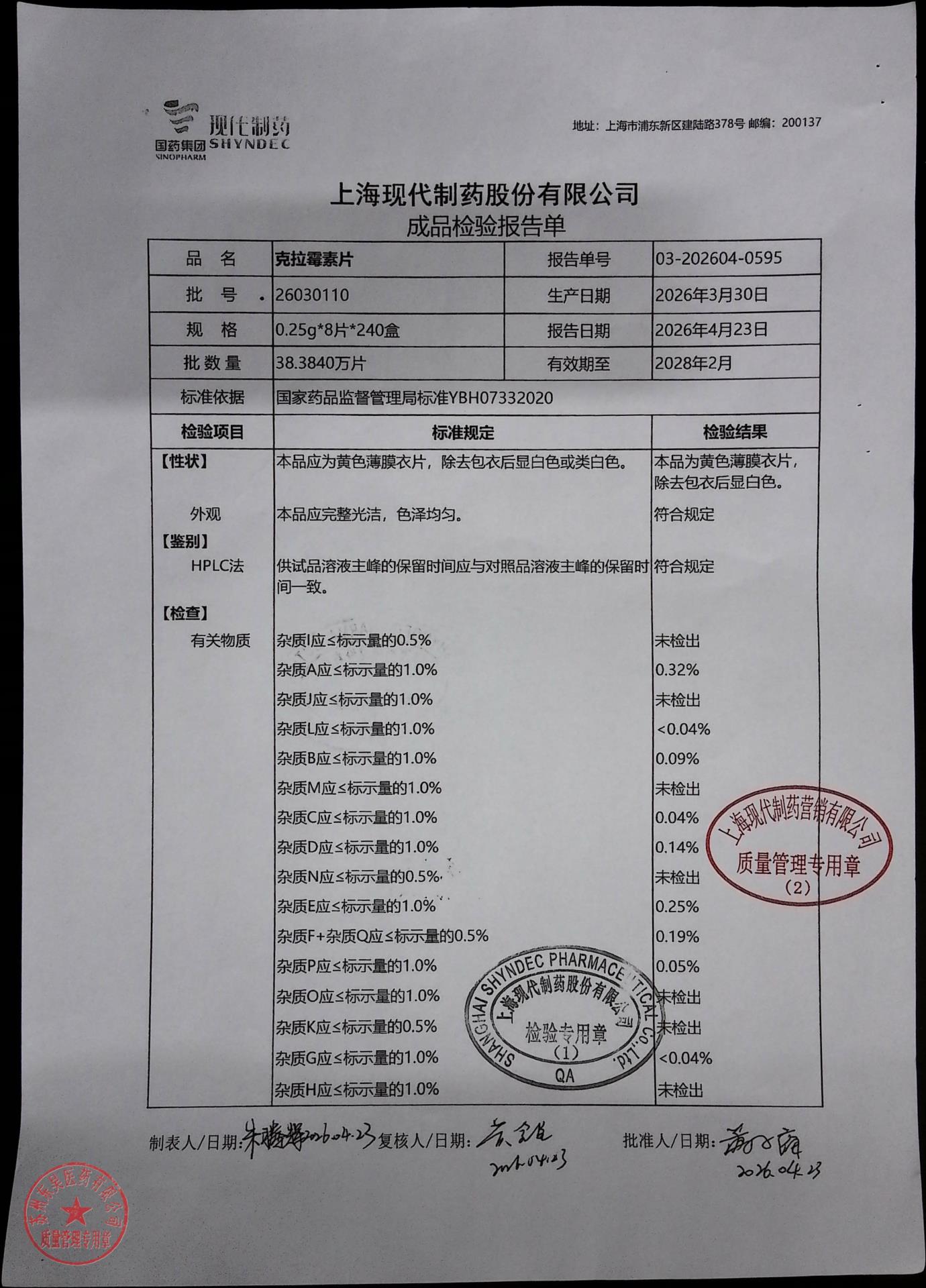 26030110克拉霉素片2