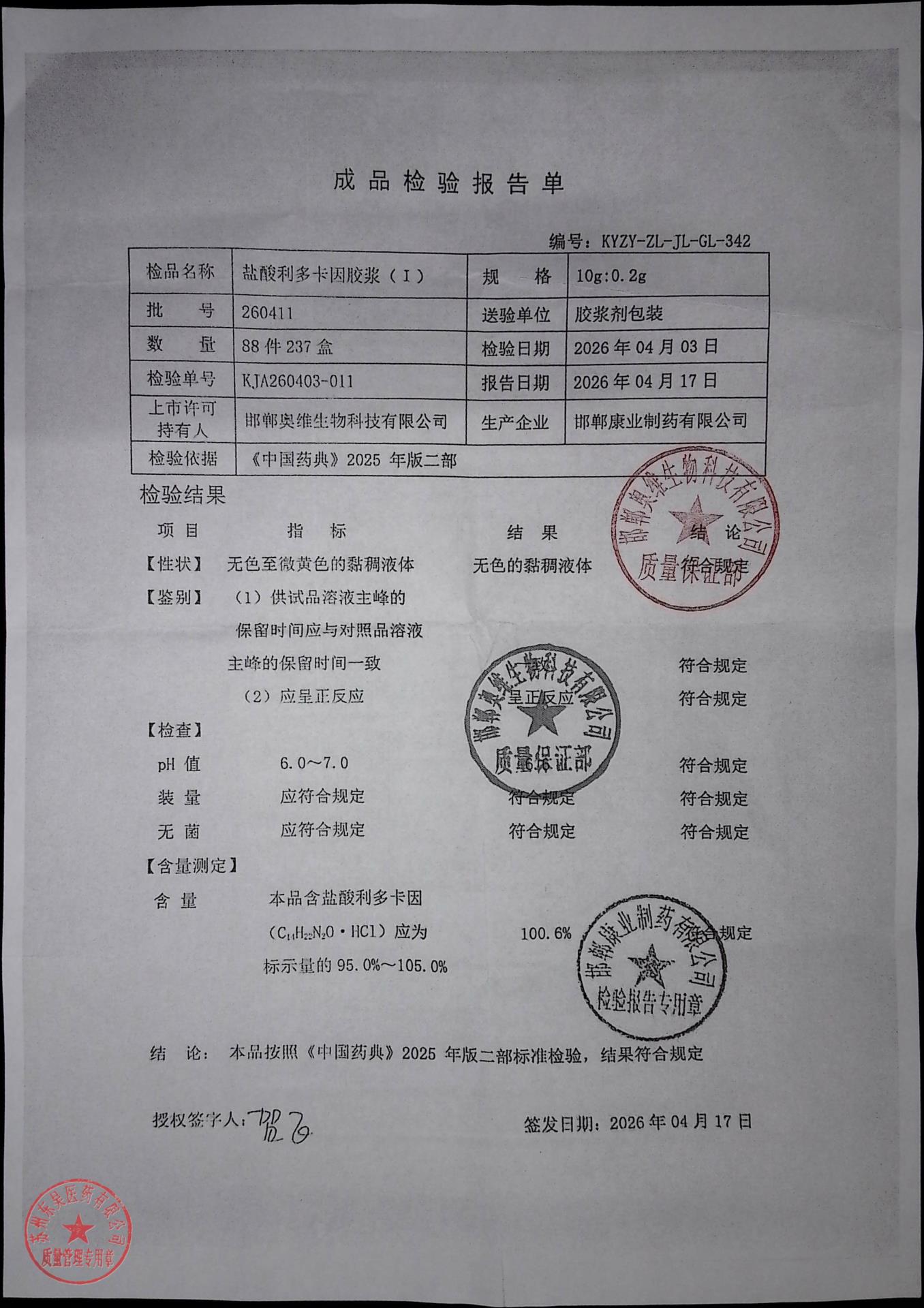 260411盐酸利多卡因胶浆