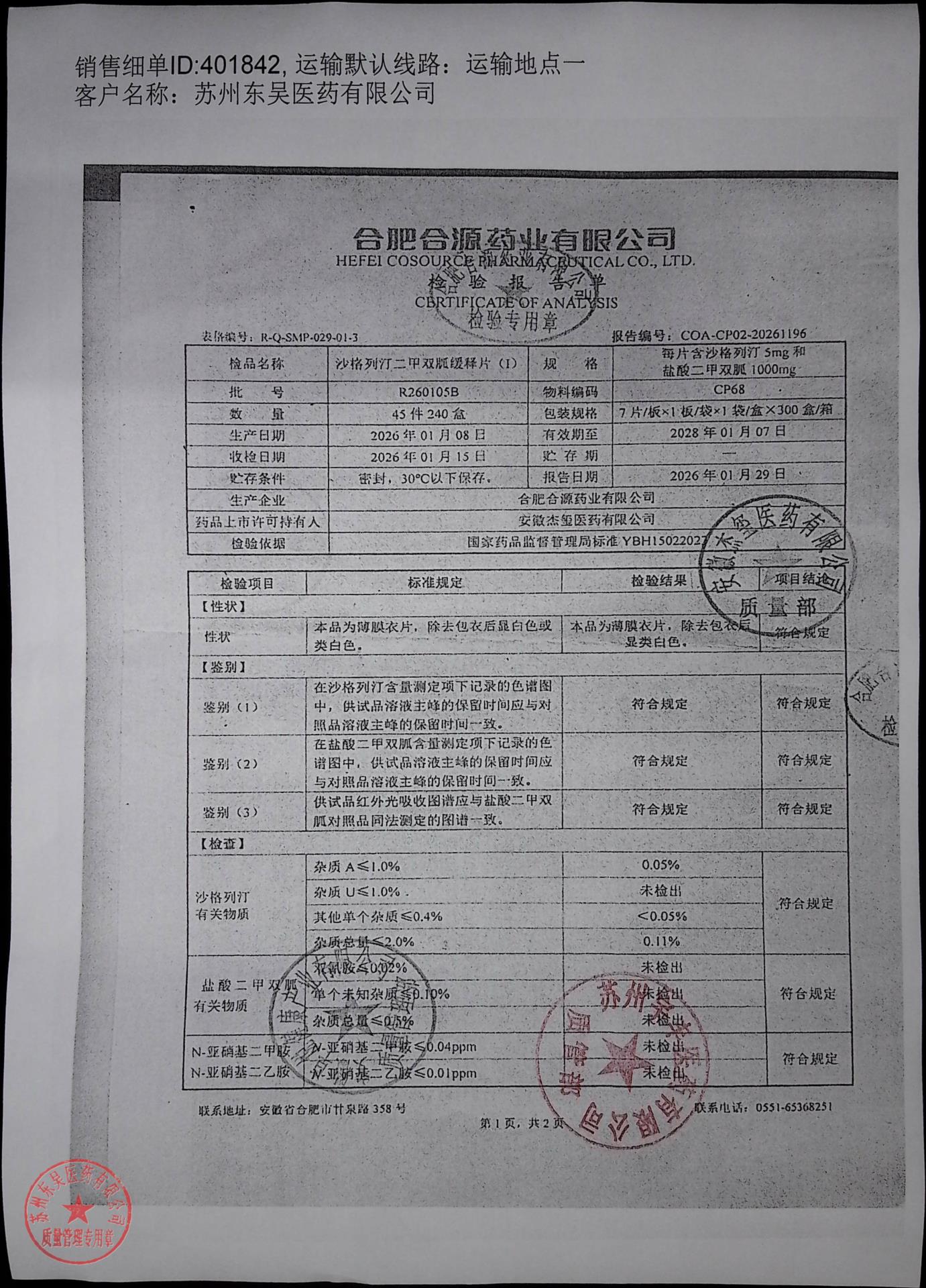 R260105B沙格列汀二甲双胍缓释片（I）1