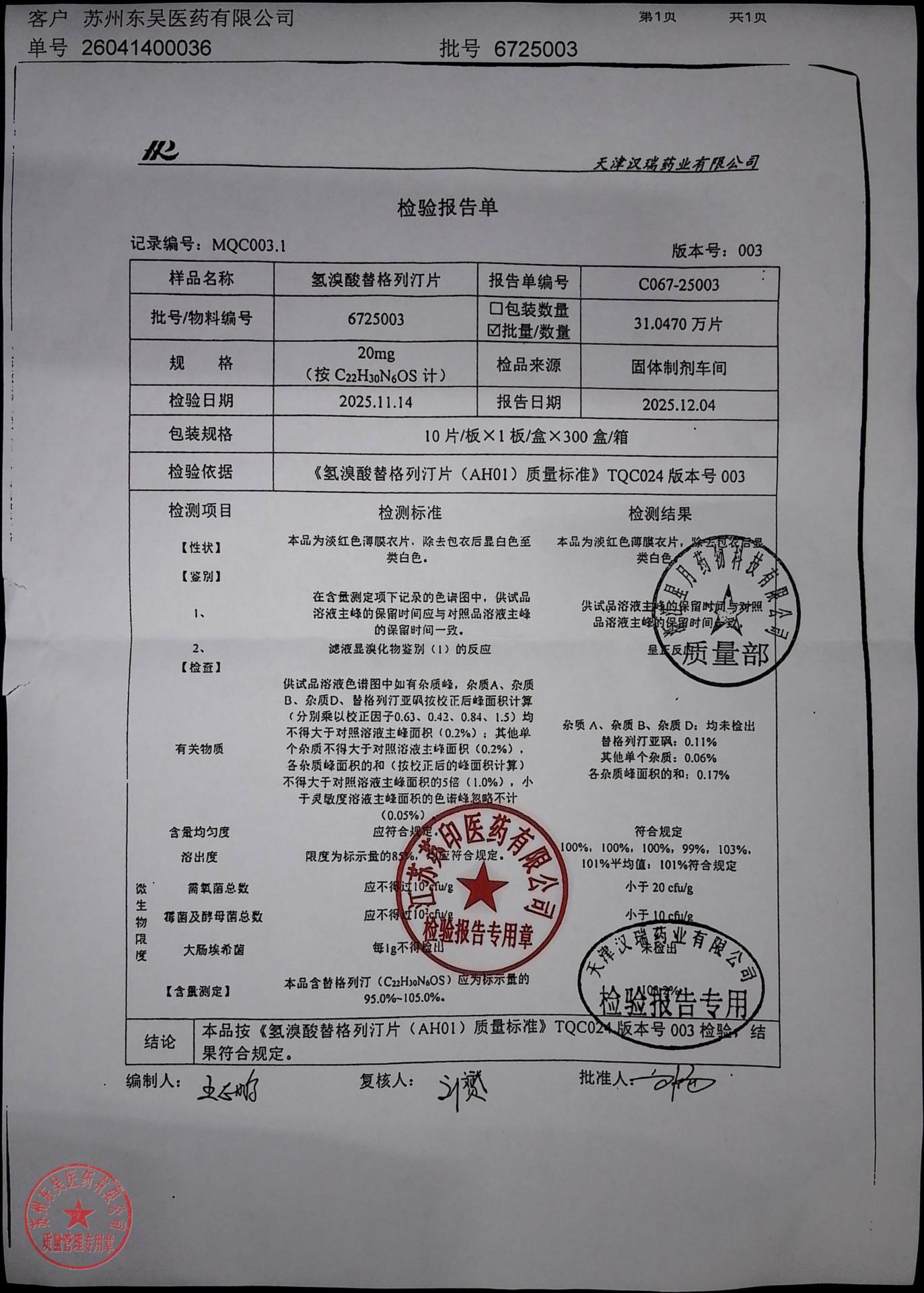 6725003氢溴酸替格列汀片