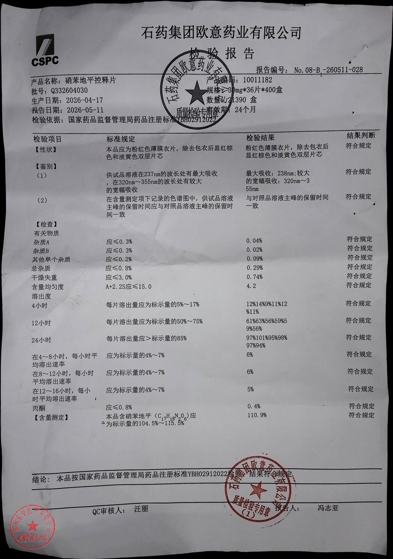 Q332604030硝苯地平控释片