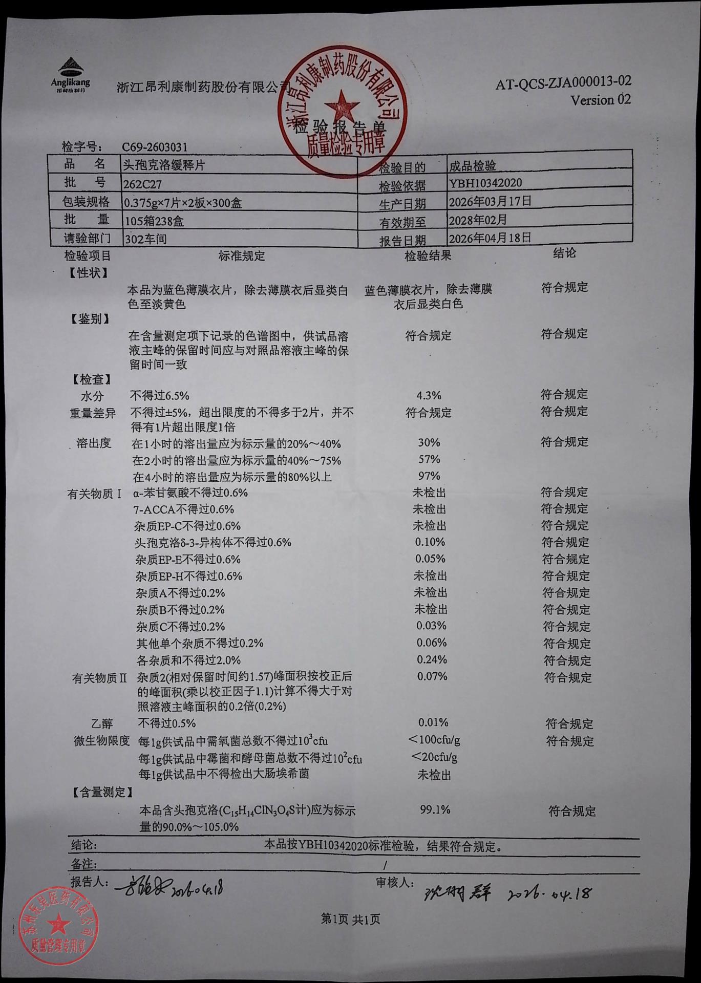 262C27头孢克洛缓释片