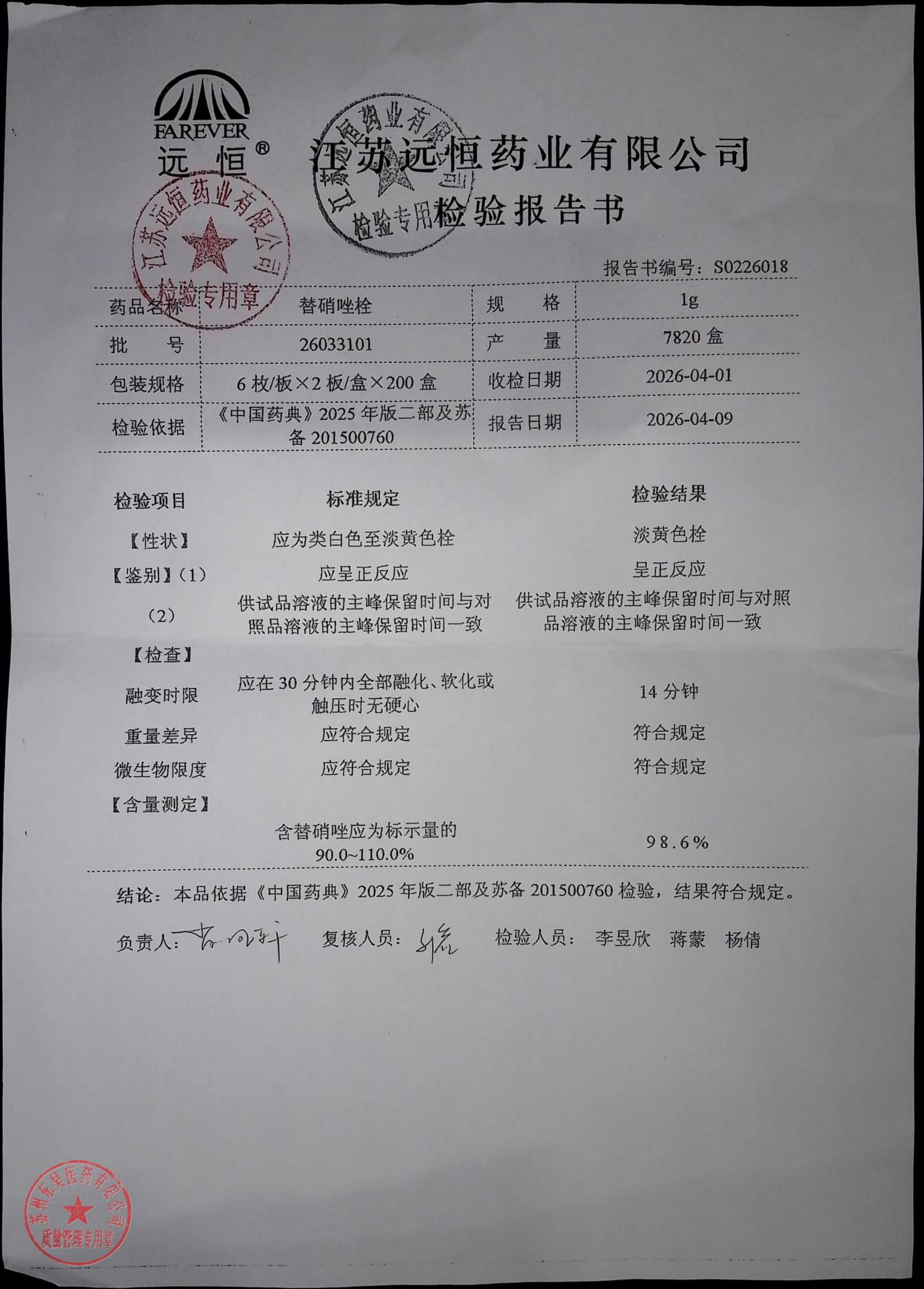 26033101替硝唑栓