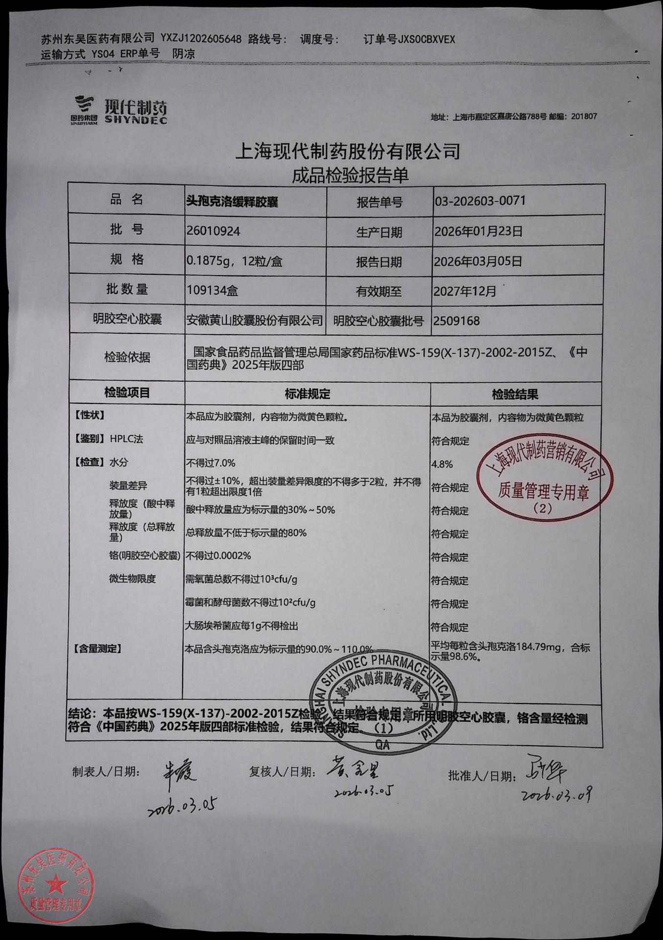 26010924头孢克洛缓释胶囊