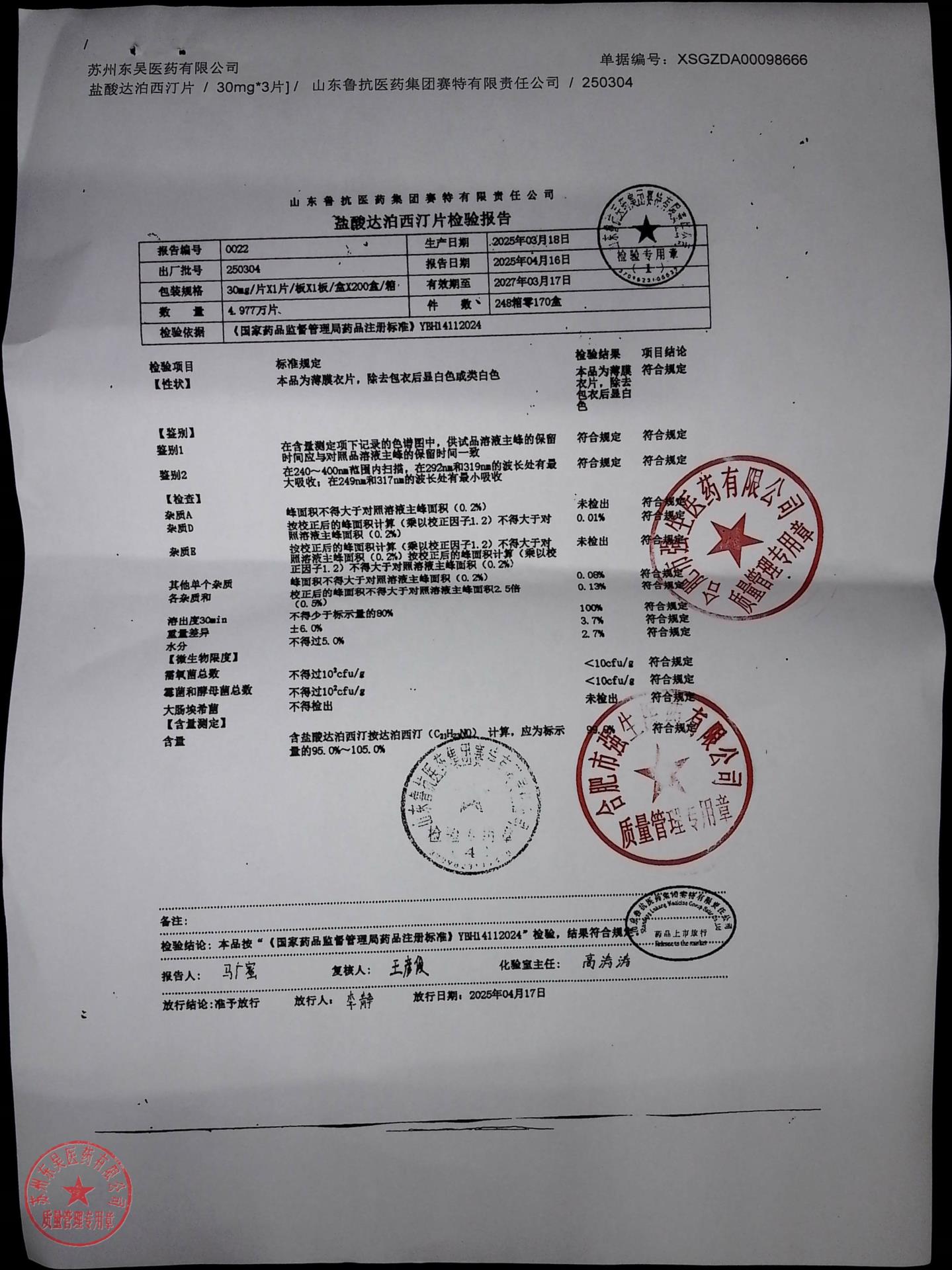 250304盐酸达泊西汀片