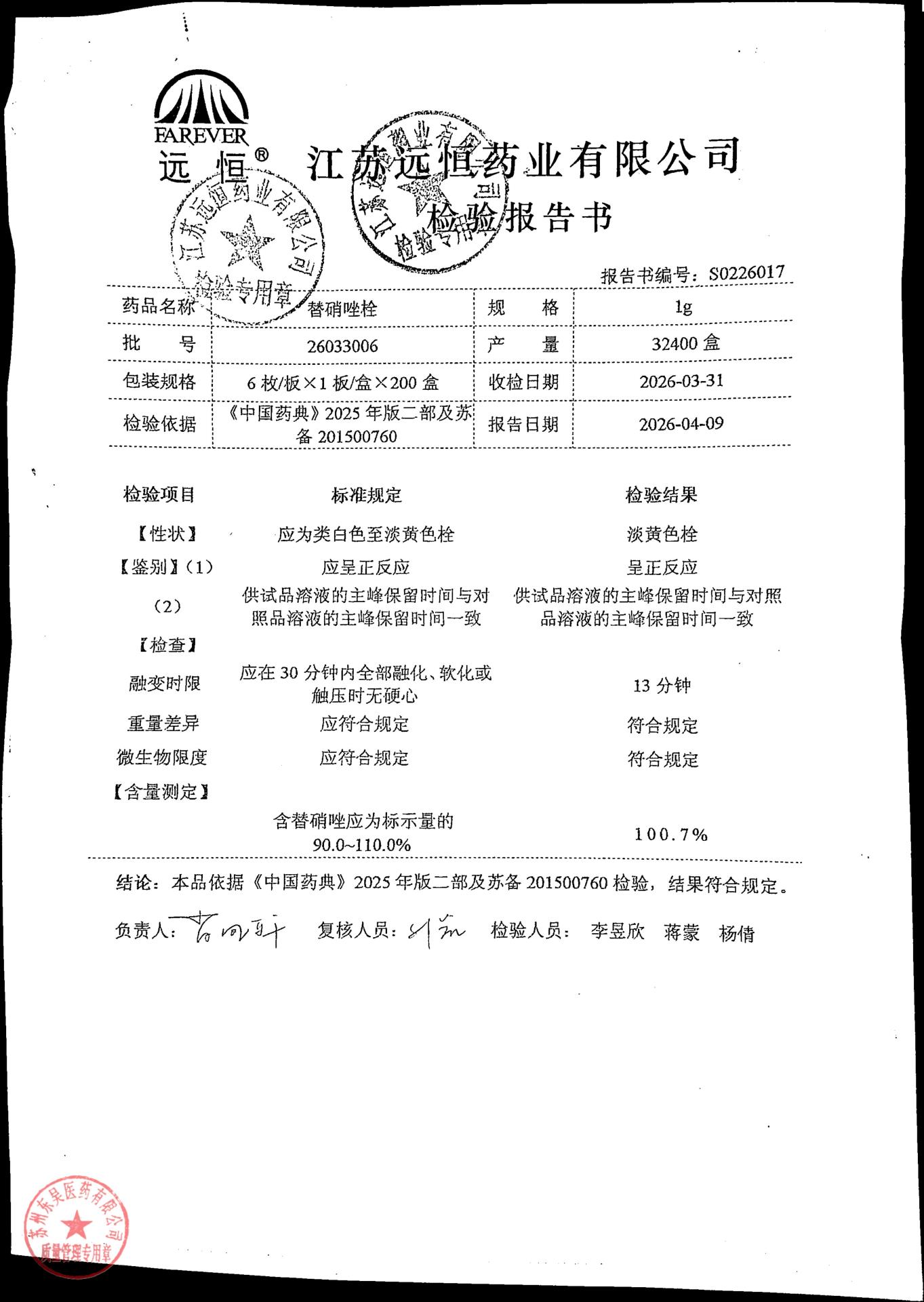 26033006替硝唑栓