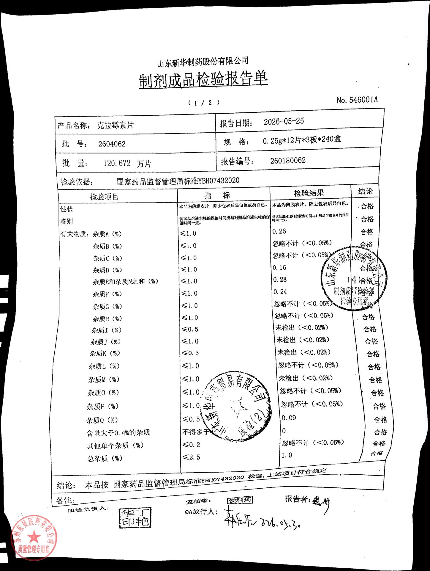 2604062克拉霉素片1