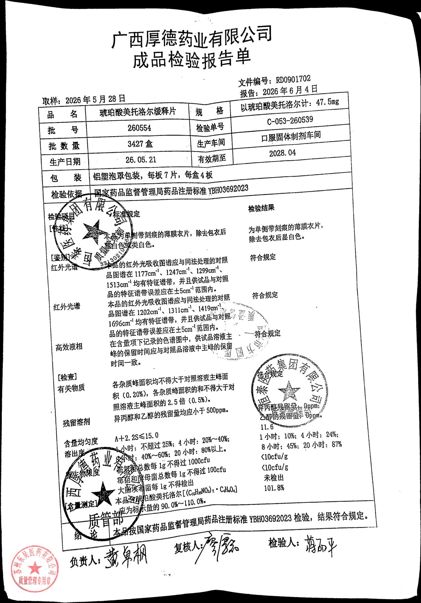 260554琥珀酸美托洛尔缓释片