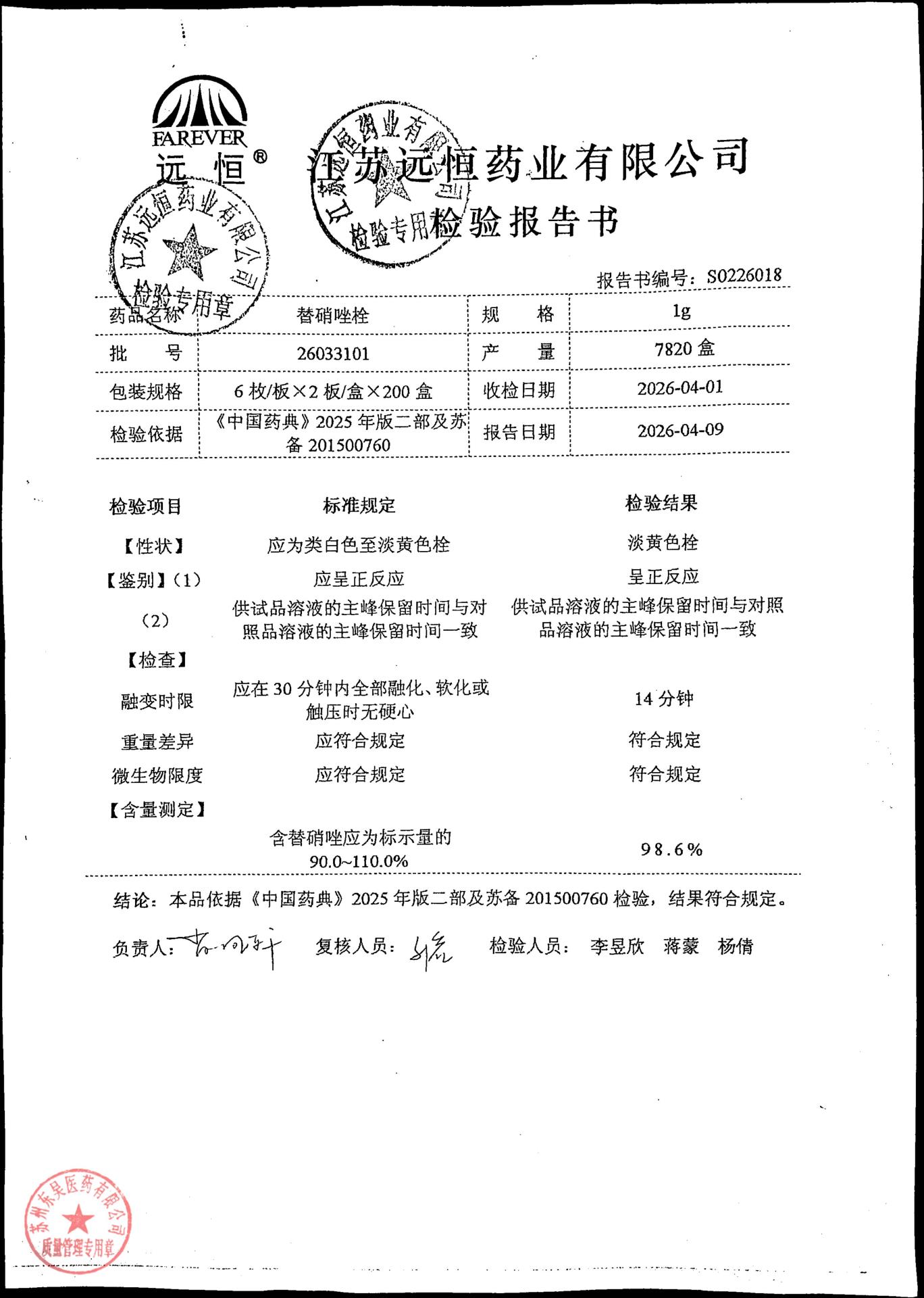 26033101替硝唑栓